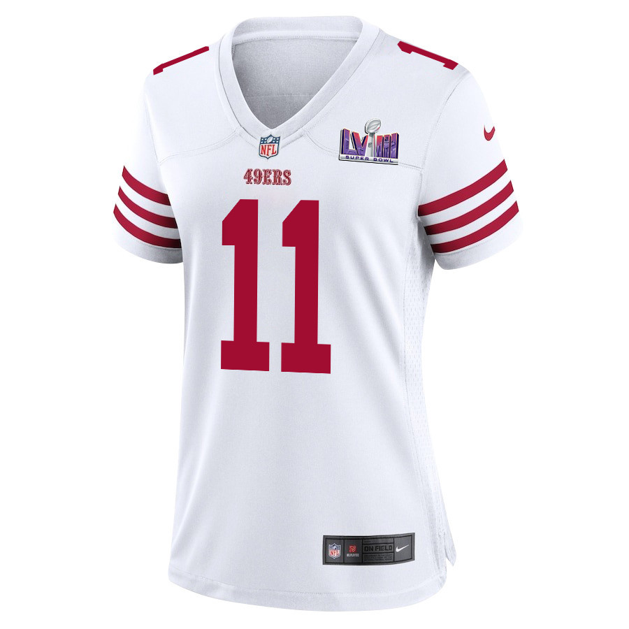 Alternative view of Brandon Aiyuk 11 San Francisco 49ers Super Bowl LVIII Patch Game Women Jersey - White JS9114 nicesnker