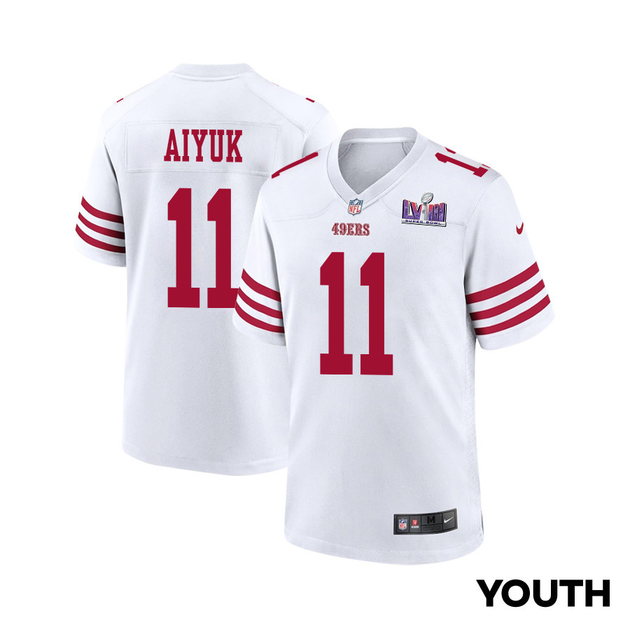 Brandon Aiyuk 11 San Francisco 49ers Super Bowl LVIII Patch Game YOUTH Jersey - White JS1391 nicesnker