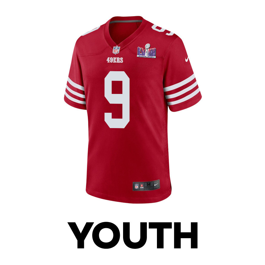 Alternative view of Brayden Willis 9 San Francisco 49ers Super Bowl LVIII Patch Game YOUTH Jersey - Scarlet JS2743 nicesnker
