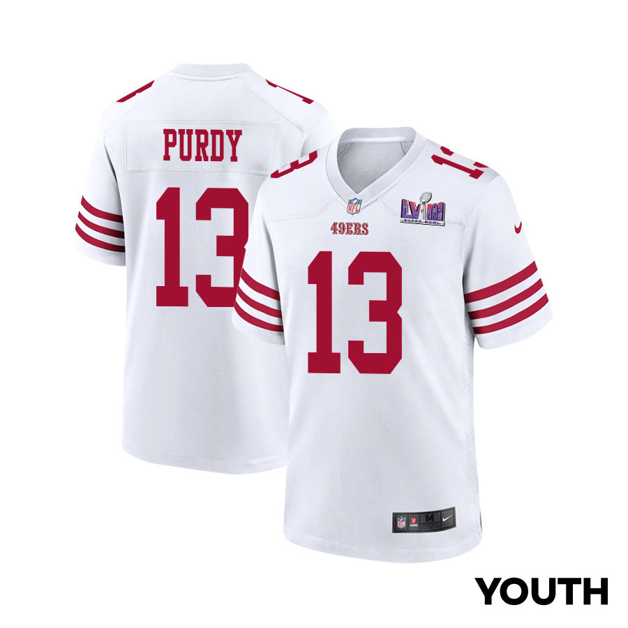 Brock Purdy 13 San Francisco 49ers Super Bowl LVIII Patch Game YOUTH Jersey - White JS6167 nicesnker