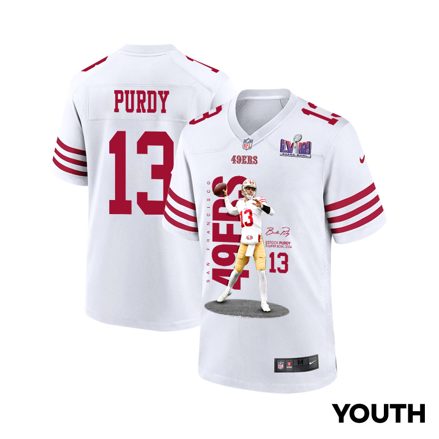 Brock Purdy 13 San Francisco 49ers Throwing Ball Game YOUTH Jersey - White JS8057 nicesnker