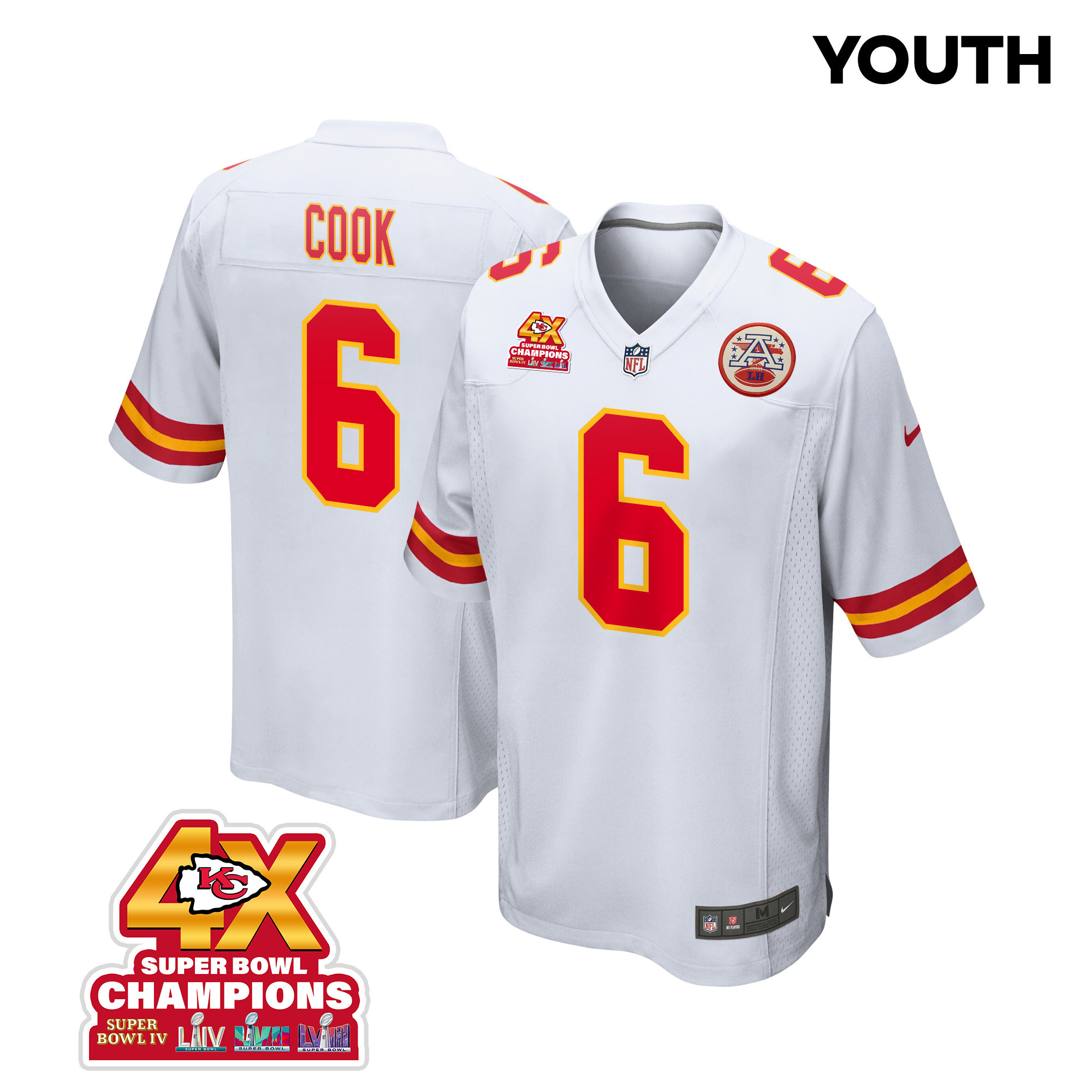 Bryan Cook 6 Kansas City Chiefs Super Bowl LVIII Champions 4X Game YOUTH Jersey - White JS8940 nicesnker