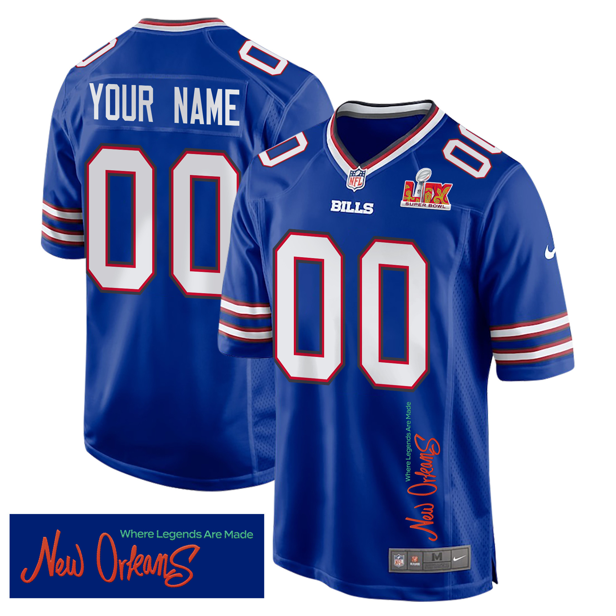 Buffalo Bills Super Bowl LIX 'New Orleans - Where Legends Are Made' EMBROIDERED Game Men Custom Jersey - Royal JS1715 nicesnker