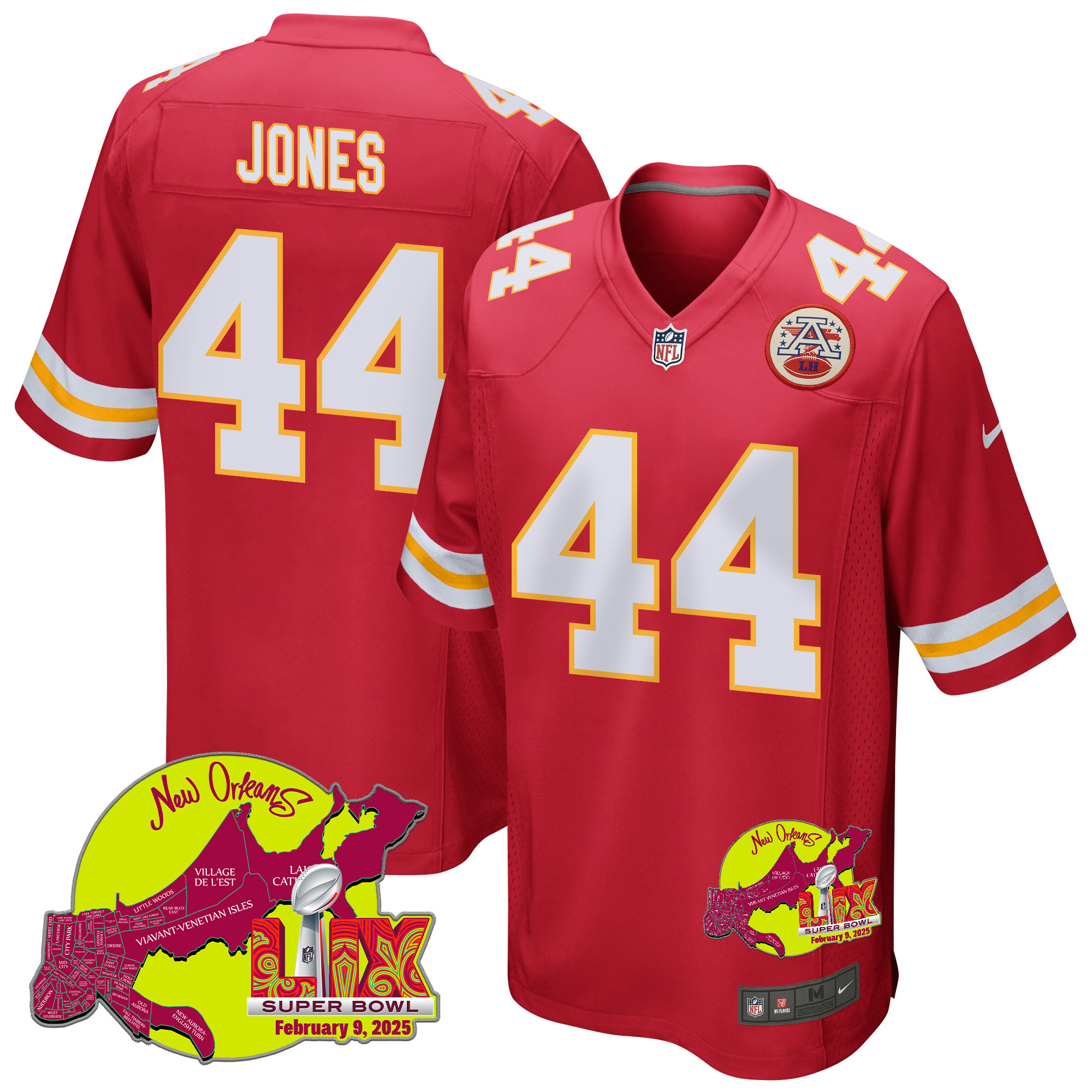 Cam Jones 44 Kansas City Chiefs Super Bowl LIX New Orleans Patch Game Men Jersey - Red JS2936 nicesnker