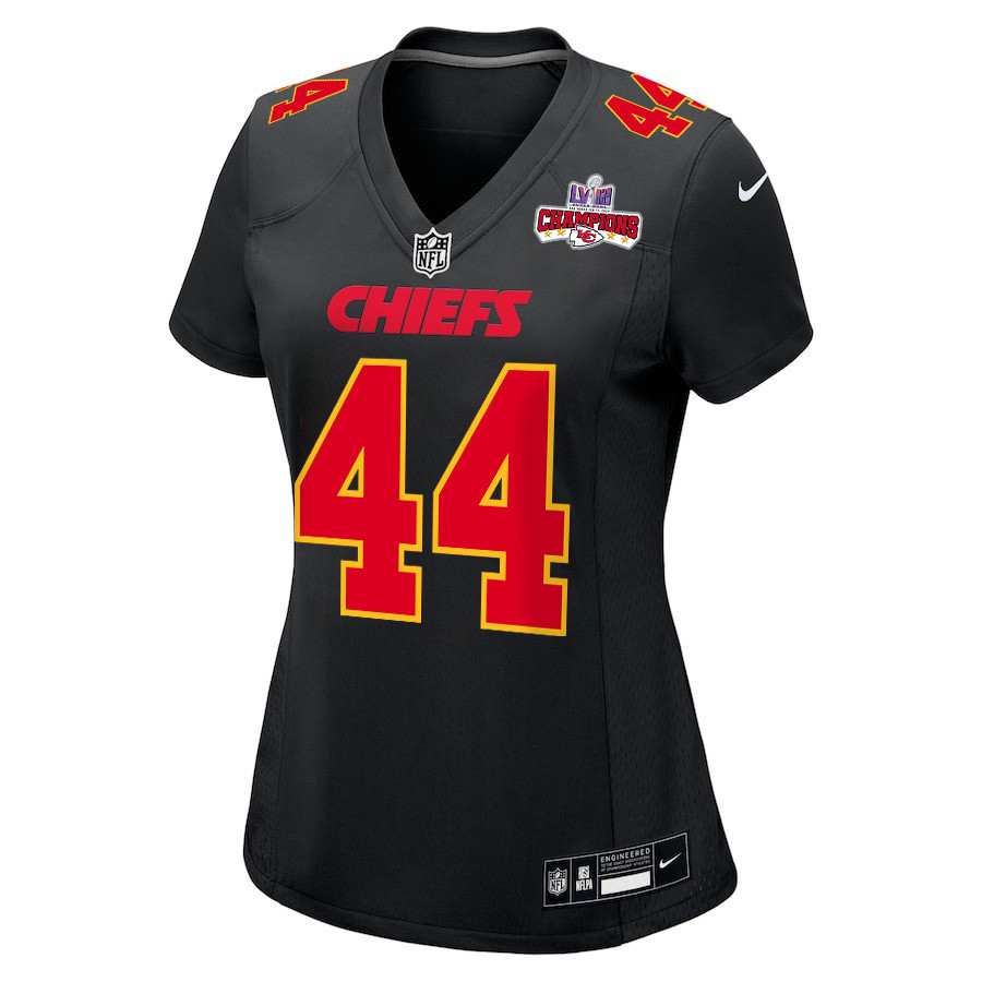 Alternative view of Cam Jones 44 Kansas City Chiefs Super Bowl LVIII Champions 4 Stars Patch Fashion Game Women Jersey - Carbon Black JS8096 nicesnker