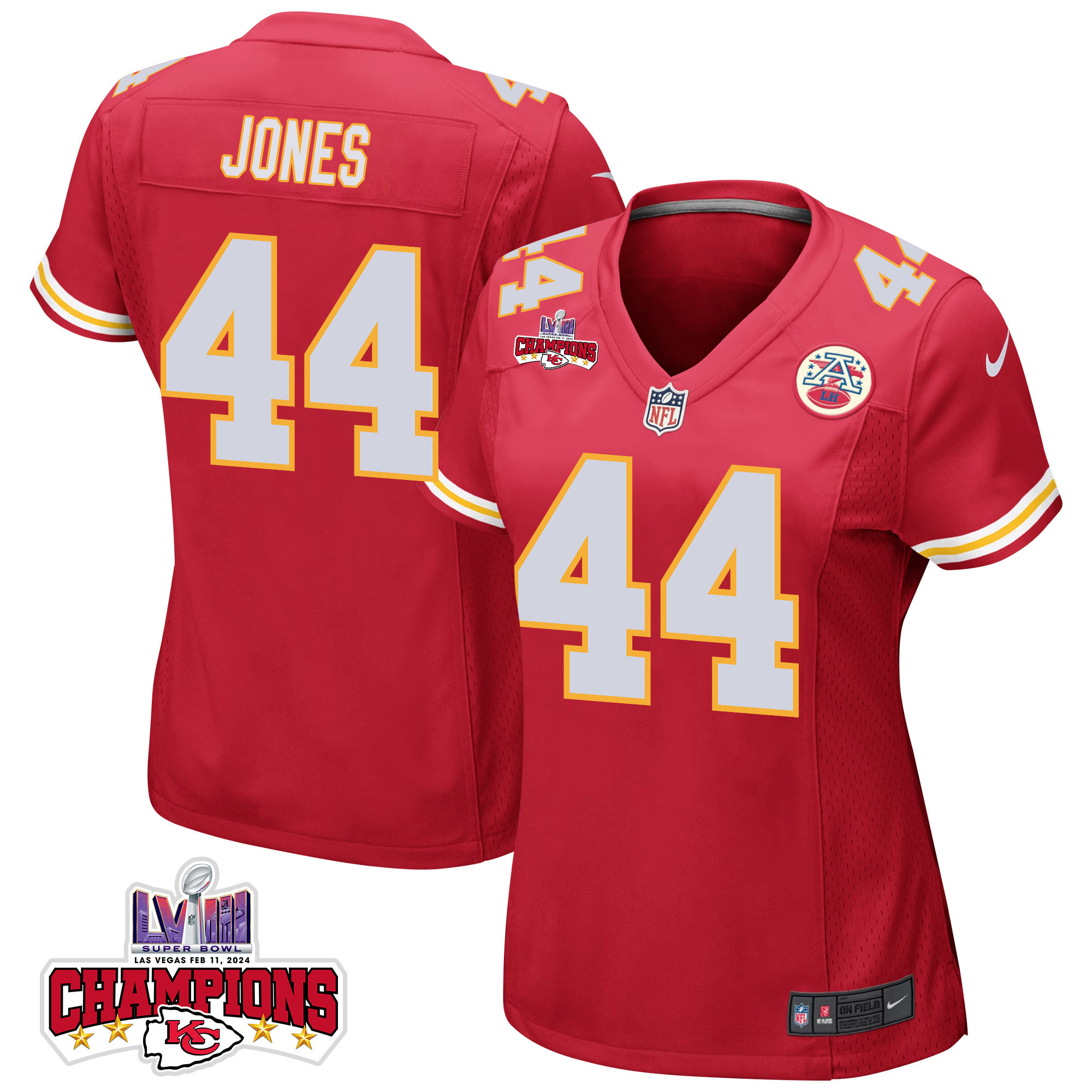 Cam Jones 44 Kansas City Chiefs Super Bowl LVIII Champions 4 Stars Patch Game Women Jersey - Red JS1337 nicesnker