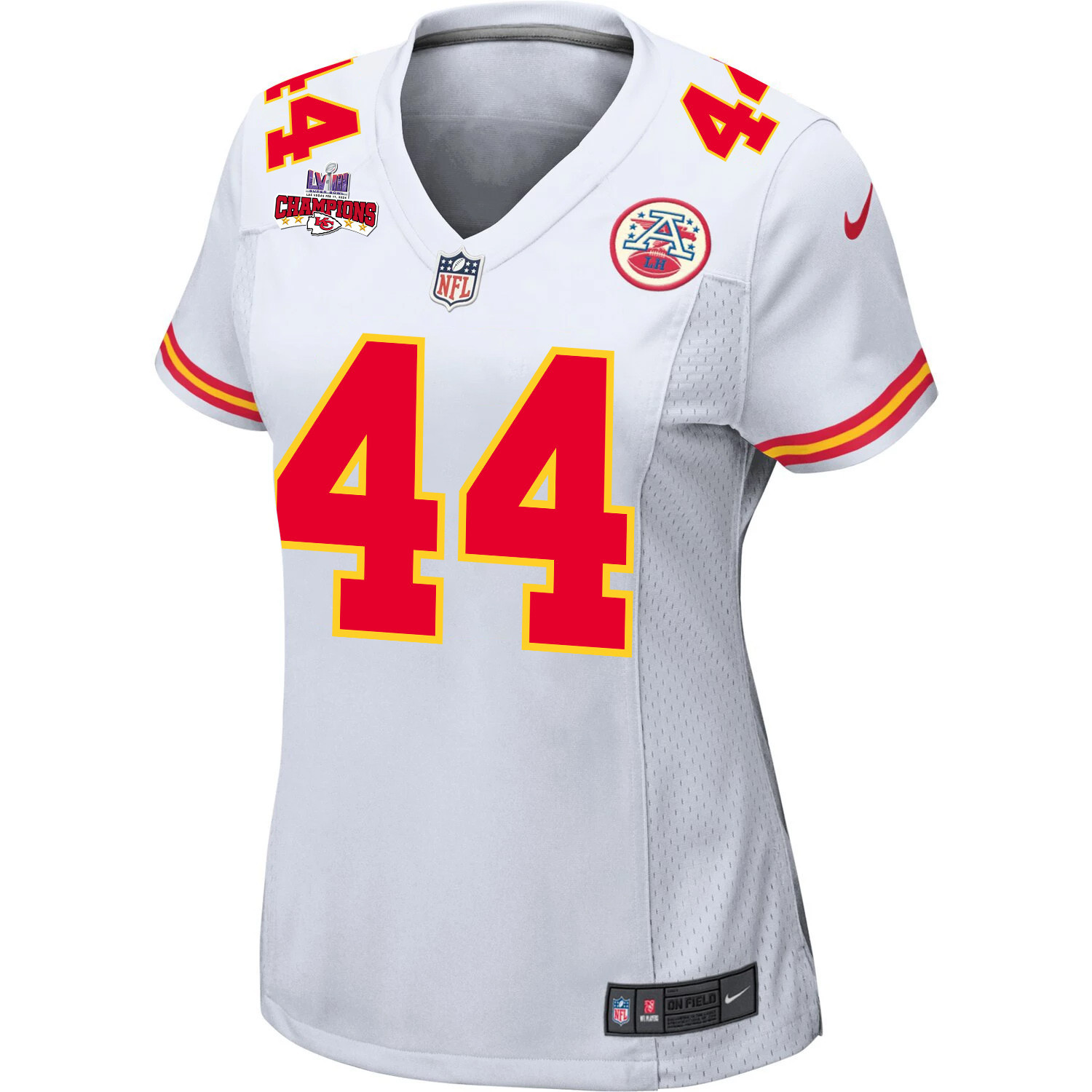 Alternative view of Cam Jones 44 Kansas City Chiefs Super Bowl LVIII Champions 4 Stars Patch Game Women Jersey - White JS1322 nicesnker