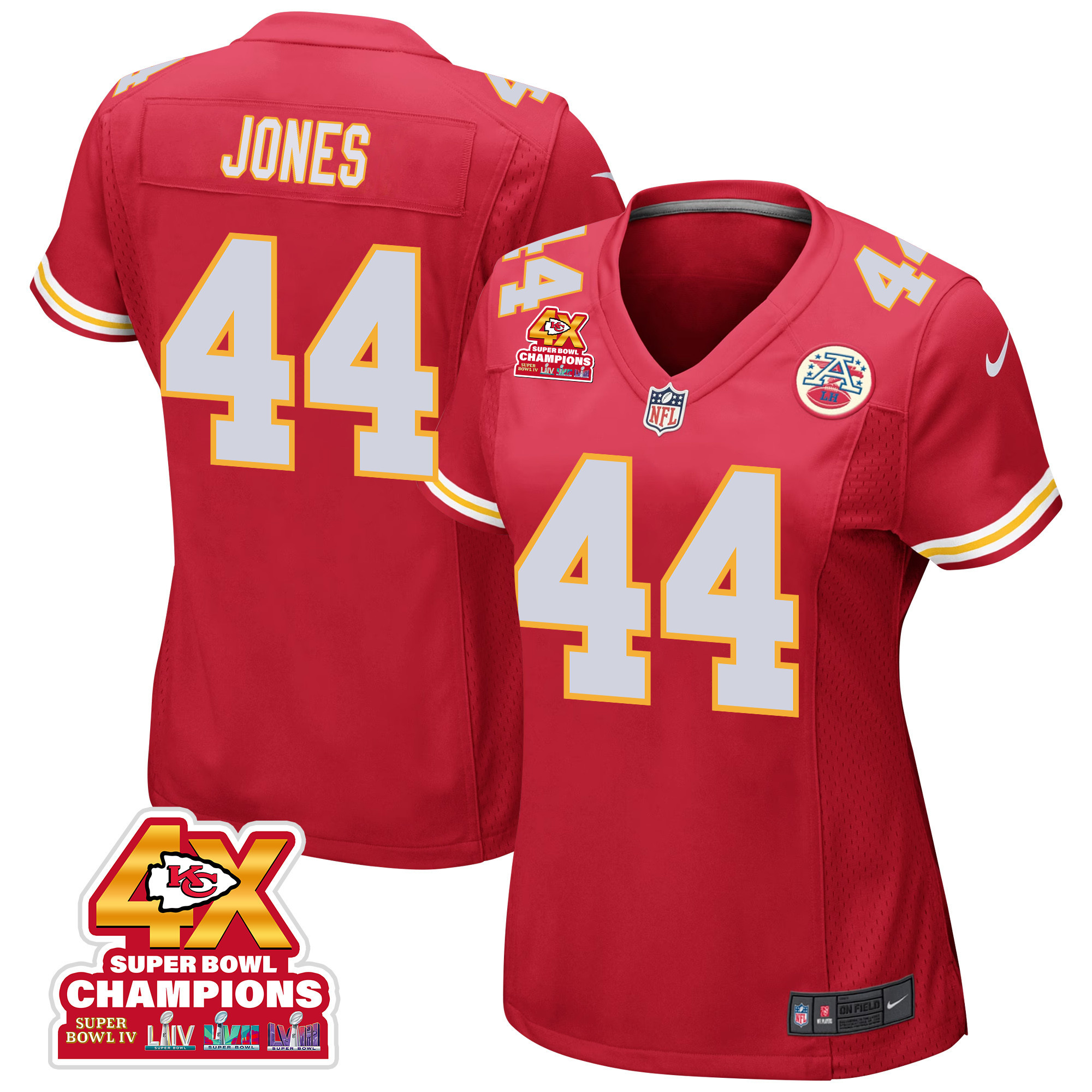 Cam Jones 44 Kansas City Chiefs Super Bowl LVIII Champions 4X Game Women Jersey - Red JS9867 nicesnker