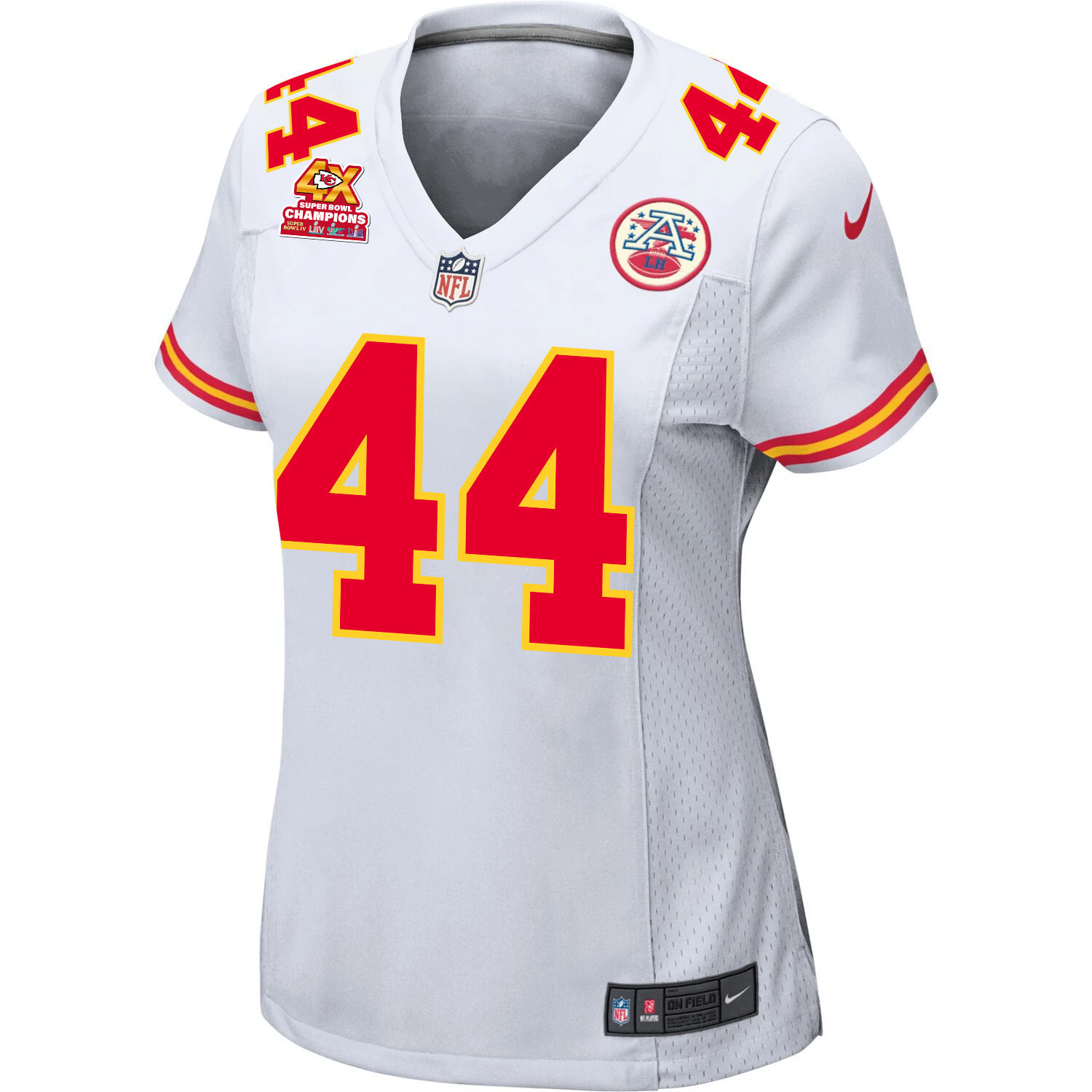 Alternative view of Cam Jones 44 Kansas City Chiefs Super Bowl LVIII Champions 4X Game Women Jersey - White JS5008 nicesnker