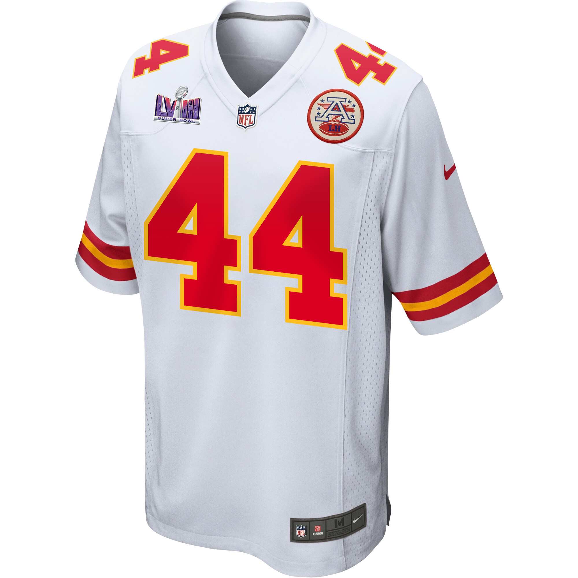 Alternative view of Cam Jones 44 Kansas City Chiefs Super Bowl LVIII Patch Game Men Jersey - White JS8895 nicesnker