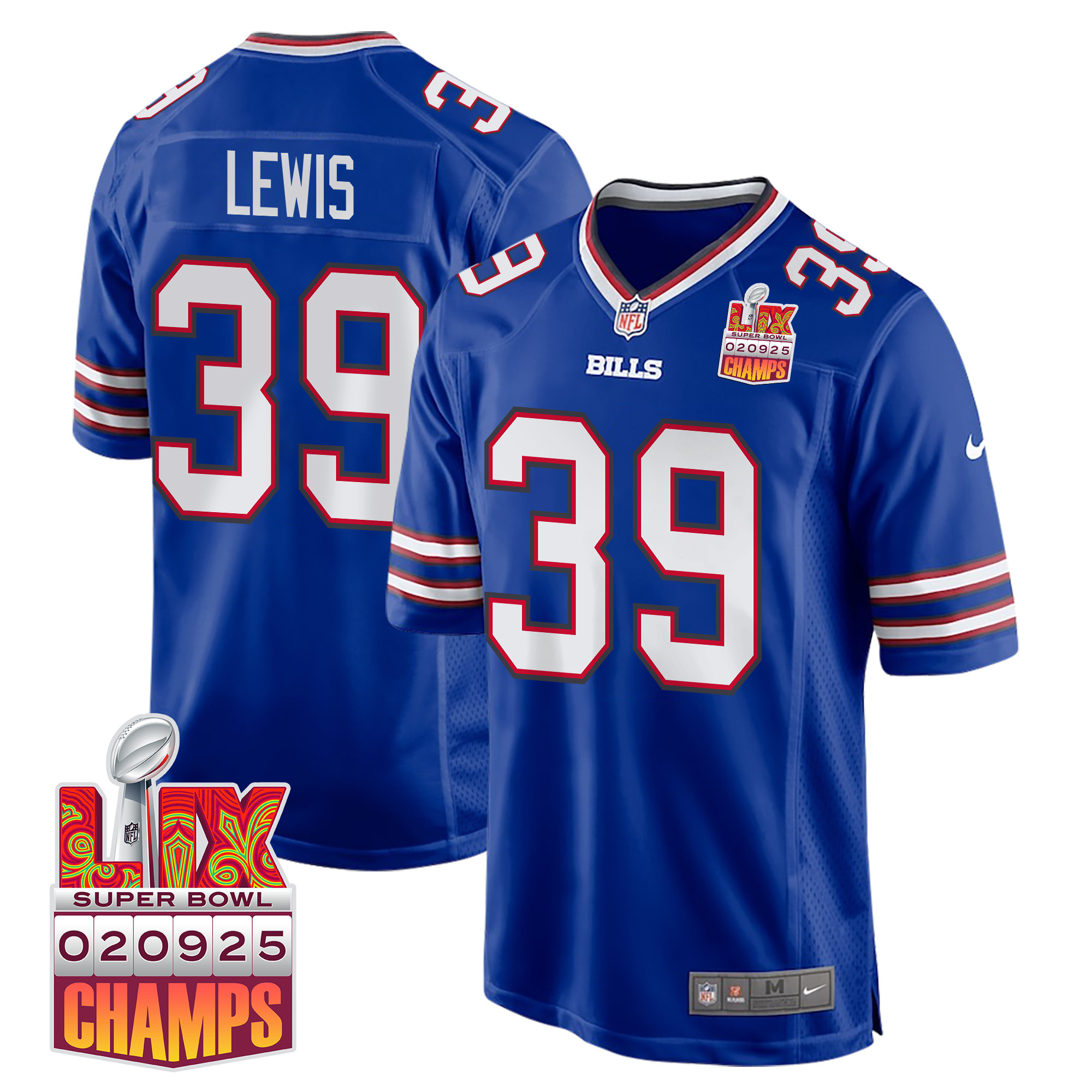 Cam Lewis 39 Buffalo Bills Super Bowl LIX Champions Patch Game Men Jersey - Royal JS9777 nicesnker