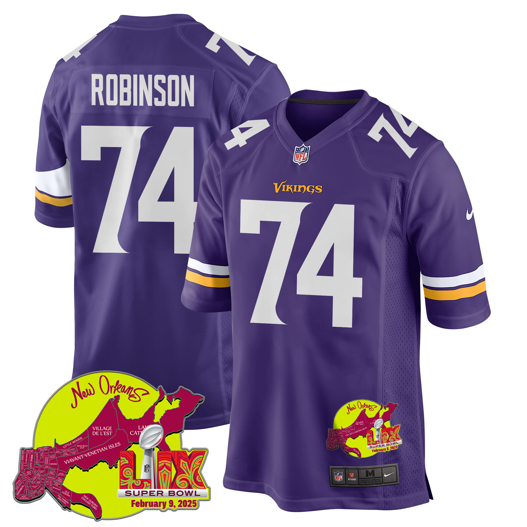 Cam Robinson 74 Minnesota Vikings Super Bowl LIX New Orleans Patch Game Men Jersey - Purple JS6223 nicesnker