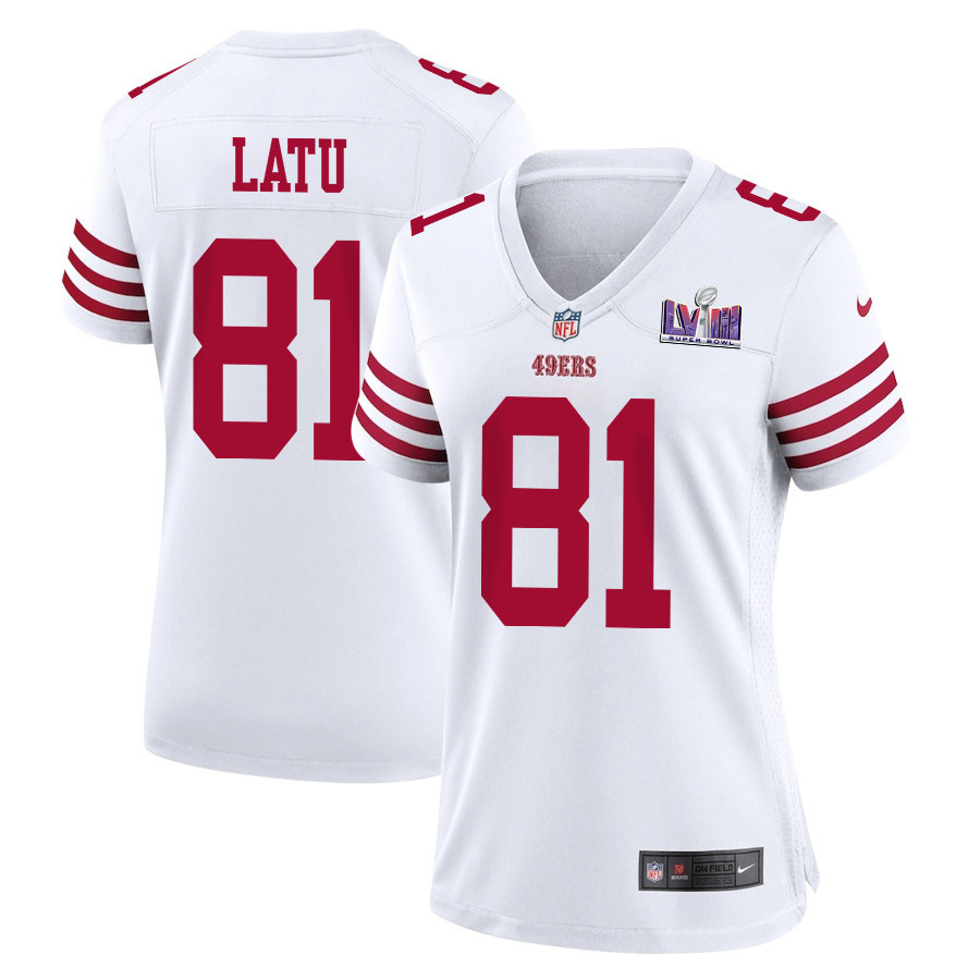 Cameron Latu 81 San Francisco 49ers Super Bowl LVIII Patch Game Women Jersey - White JS8664 nicesnker