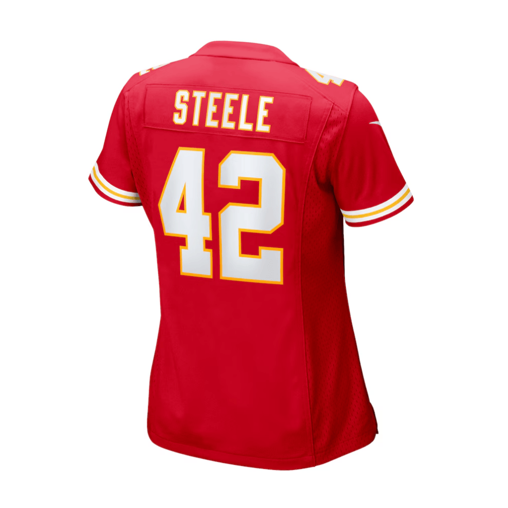 Alternative view of Carson Steele 42 Kansas City Chiefs 2025 Pro Bowl Patch Women Game Jersey - Red JS9459 nicesnker