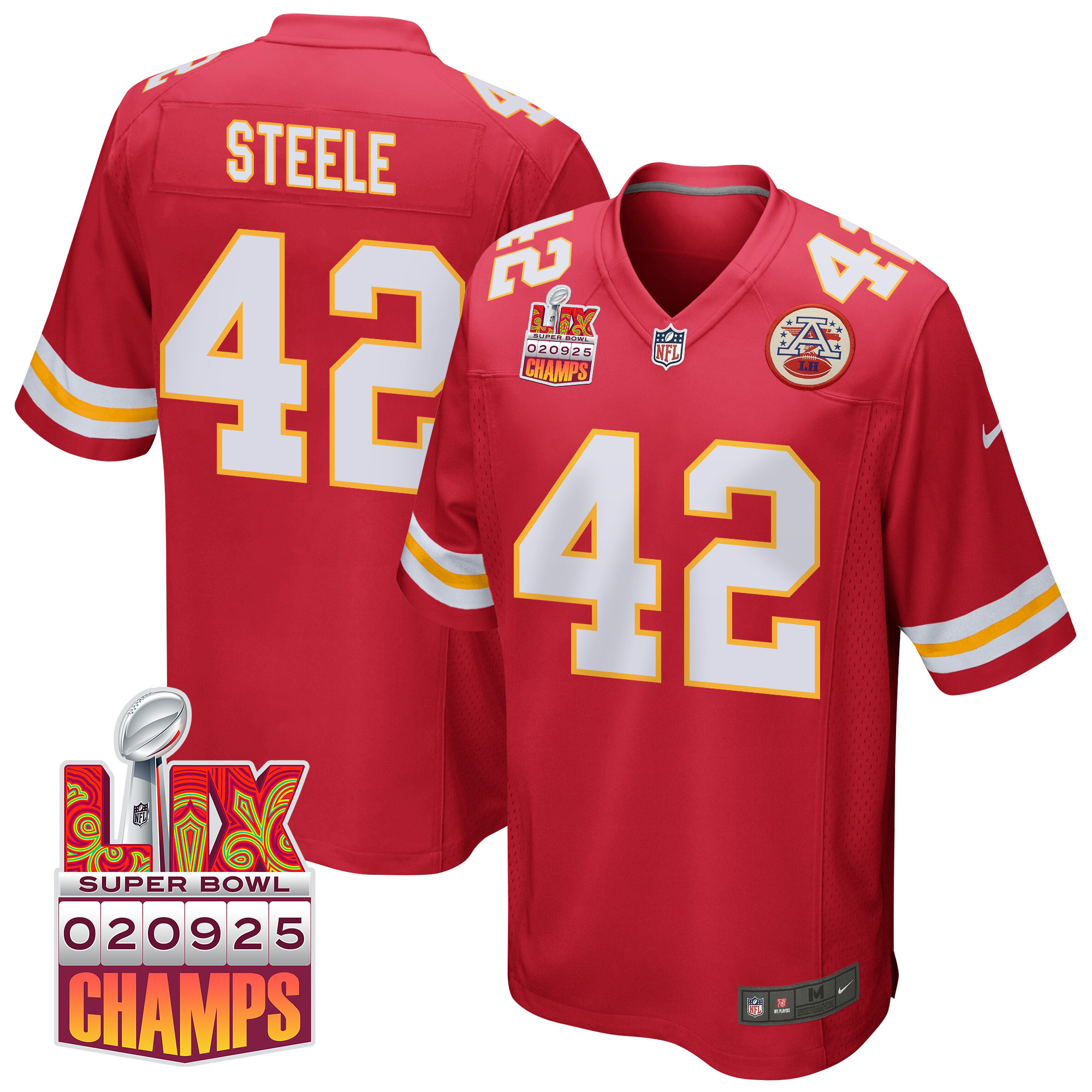 Carson Steele 42 Kansas City Chiefs Super Bowl LIX Champions Patch Game Men Jersey - Red JS3032 nicesnker