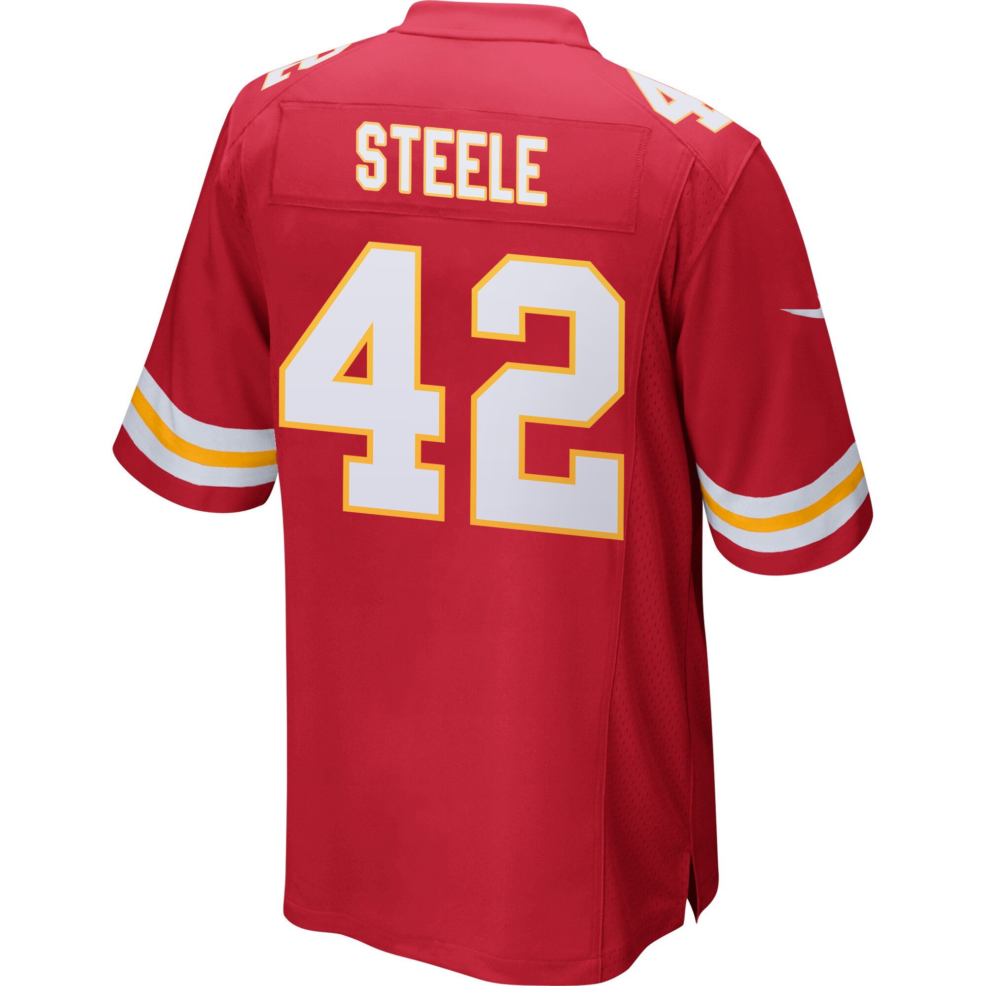 Alternative view of Carson Steele 42 Kansas City Chiefs Super Bowl LIX Champions Patch 'New Orleans - A Symphony of Sport' EMBROIDERED Game Men Jersey - Red JS4422 nicesnker