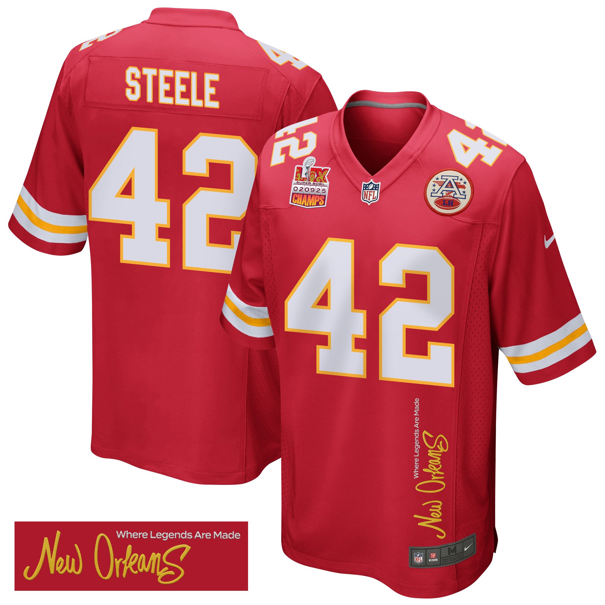 Carson Steele 42 Kansas City Chiefs Super Bowl LIX Champions Patch 'New Orleans - Where Legends Are Made' EMBROIDERED Game Men Jersey - Red JS7615 nicesnker