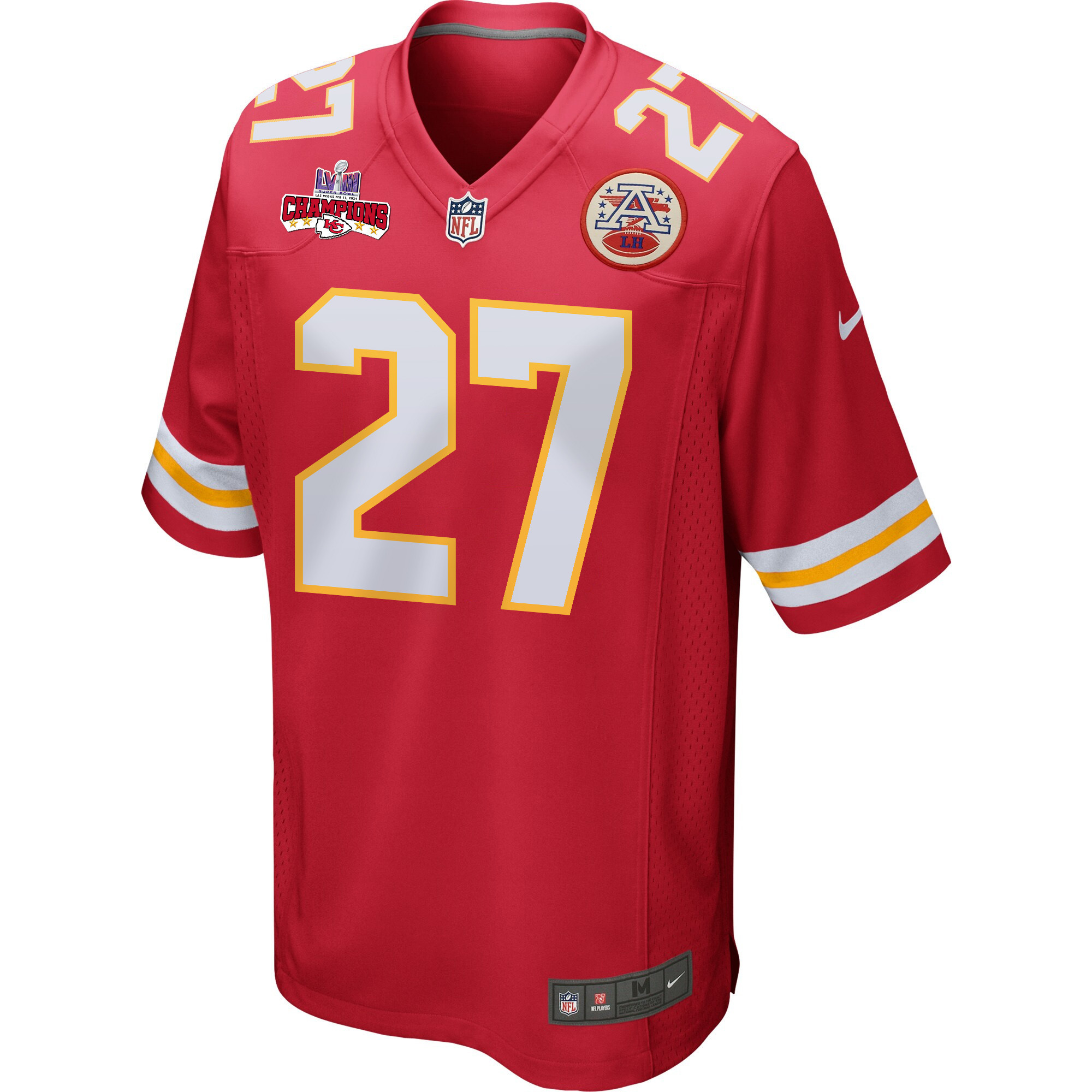 Alternative view of Chamarri Conner 27 Kansas City Chiefs Super Bowl LVIII Champions 4 Stars Patch Game Men Jersey - Red JS1773 nicesnker