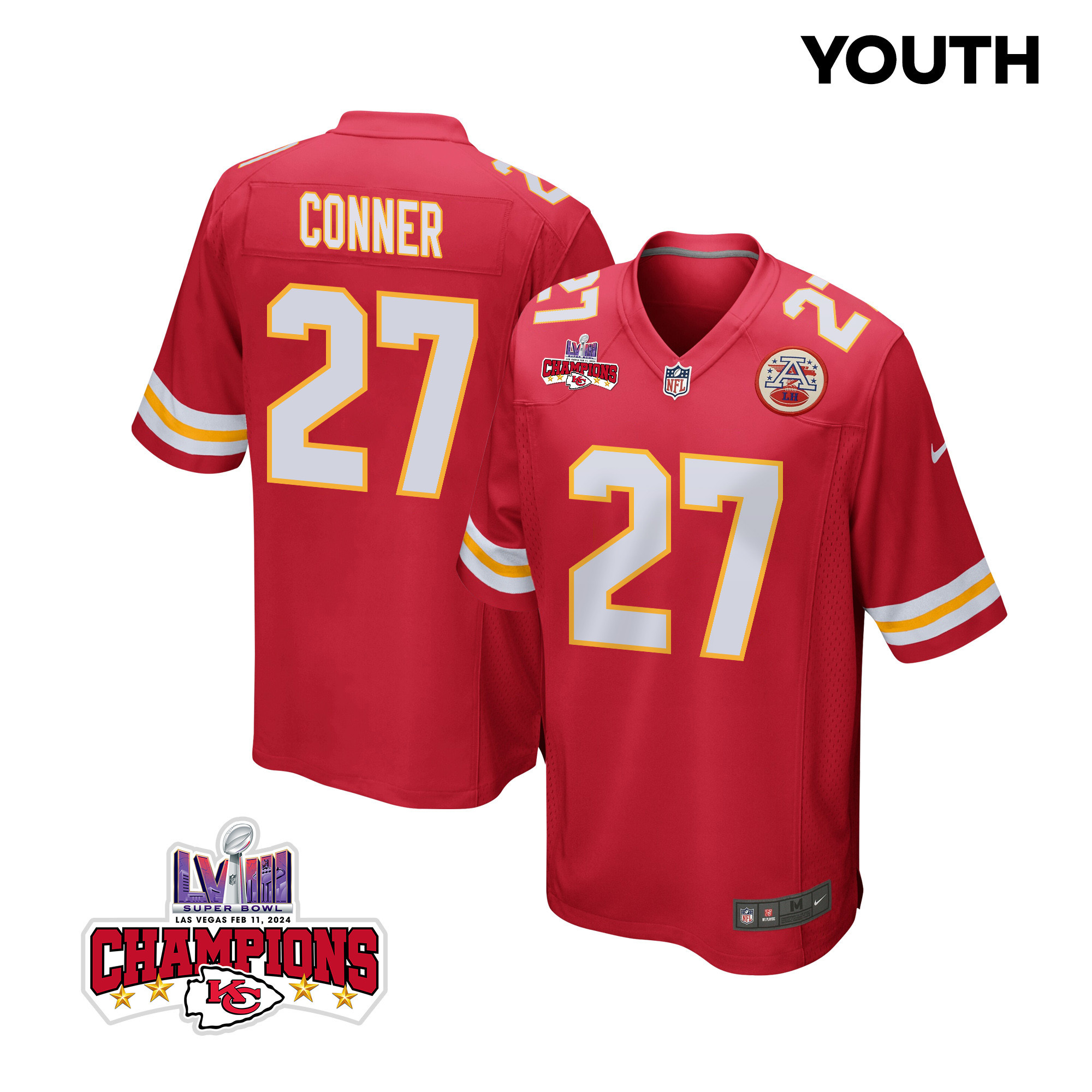 Chamarri Conner 27 Kansas City Chiefs Super Bowl LVIII Champions 4 Stars Patch Game YOUTH Jersey - Red JS9717 nicesnker
