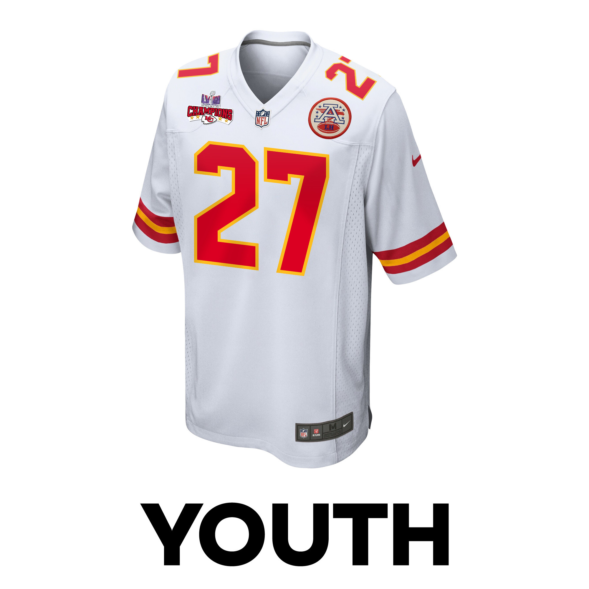 Alternative view of Chamarri Conner 27 Kansas City Chiefs Super Bowl LVIII Champions 4 Stars Patch Game YOUTH Jersey - White JS5268 nicesnker