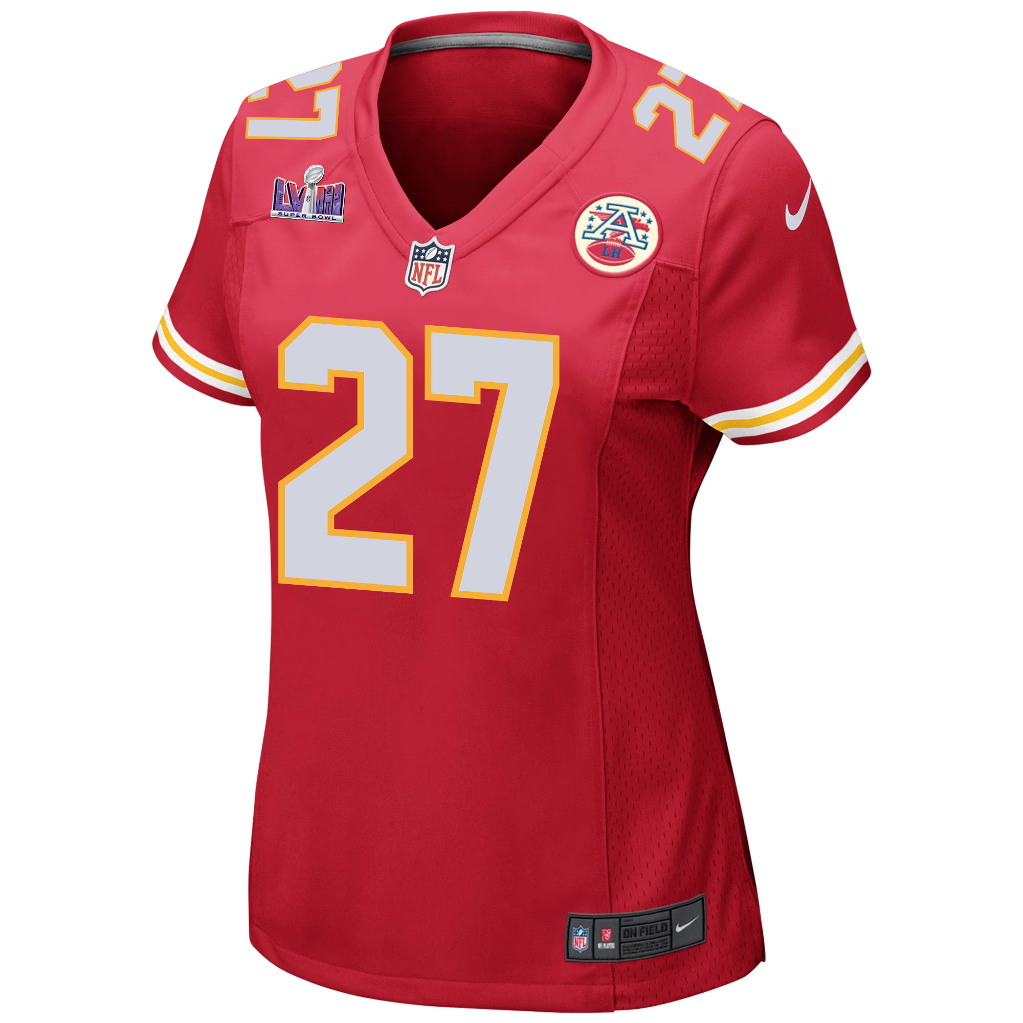 Alternative view of Chamarri Conner 27 Kansas City Chiefs Super Bowl LVIII Patch Game Women Jersey - Red JS3424 nicesnker