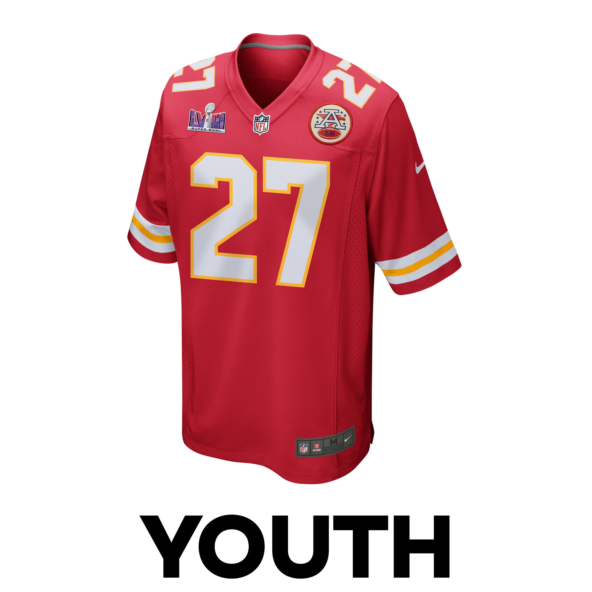 Alternative view of Chamarri Conner 27 Kansas City Chiefs Super Bowl LVIII Patch Game YOUTH Jersey - Red JS9929 nicesnker