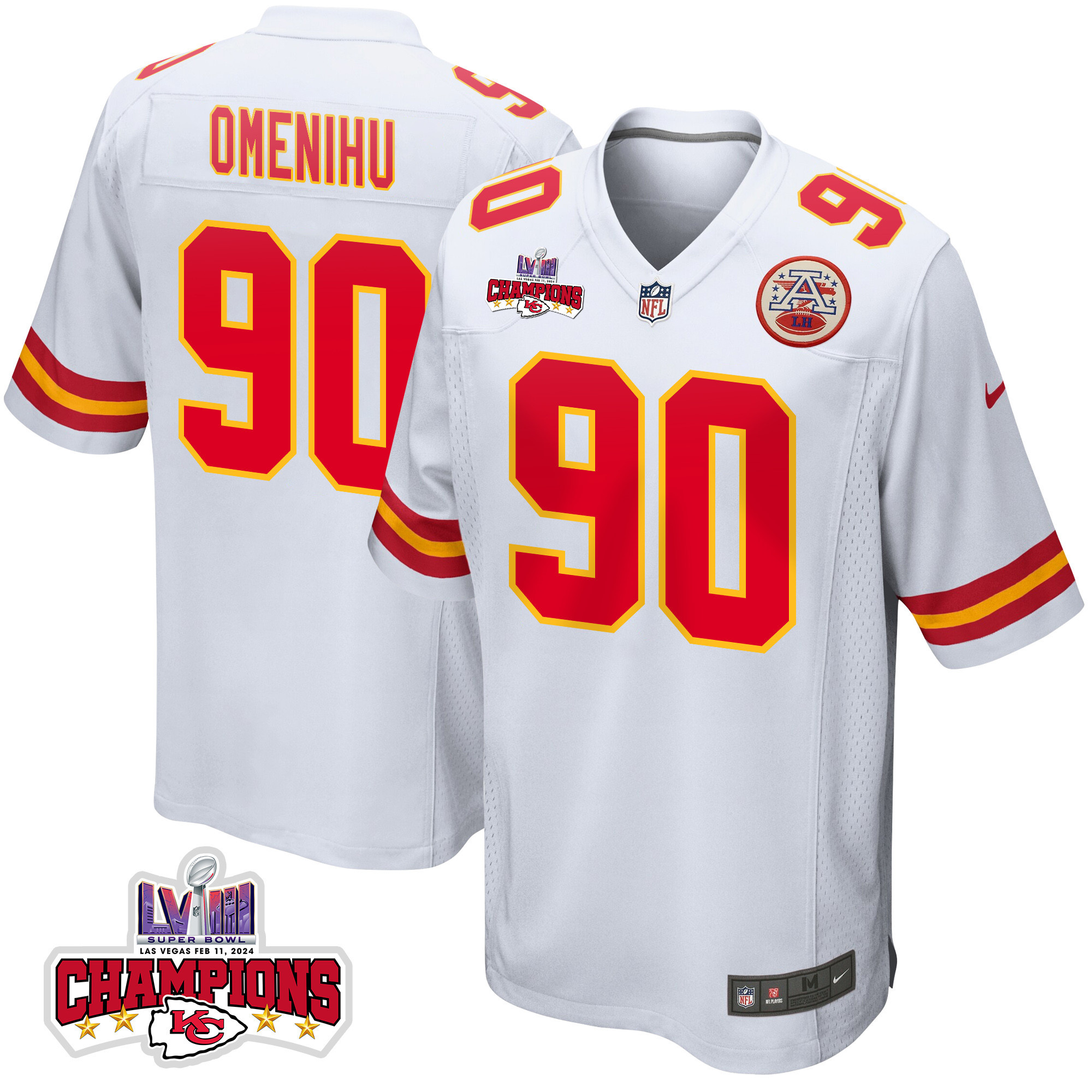 Charles Omenihu 90 Kansas City Chiefs Super Bowl LVIII Champions 4 Stars Patch Game Men Jersey - White JS2249 nicesnker