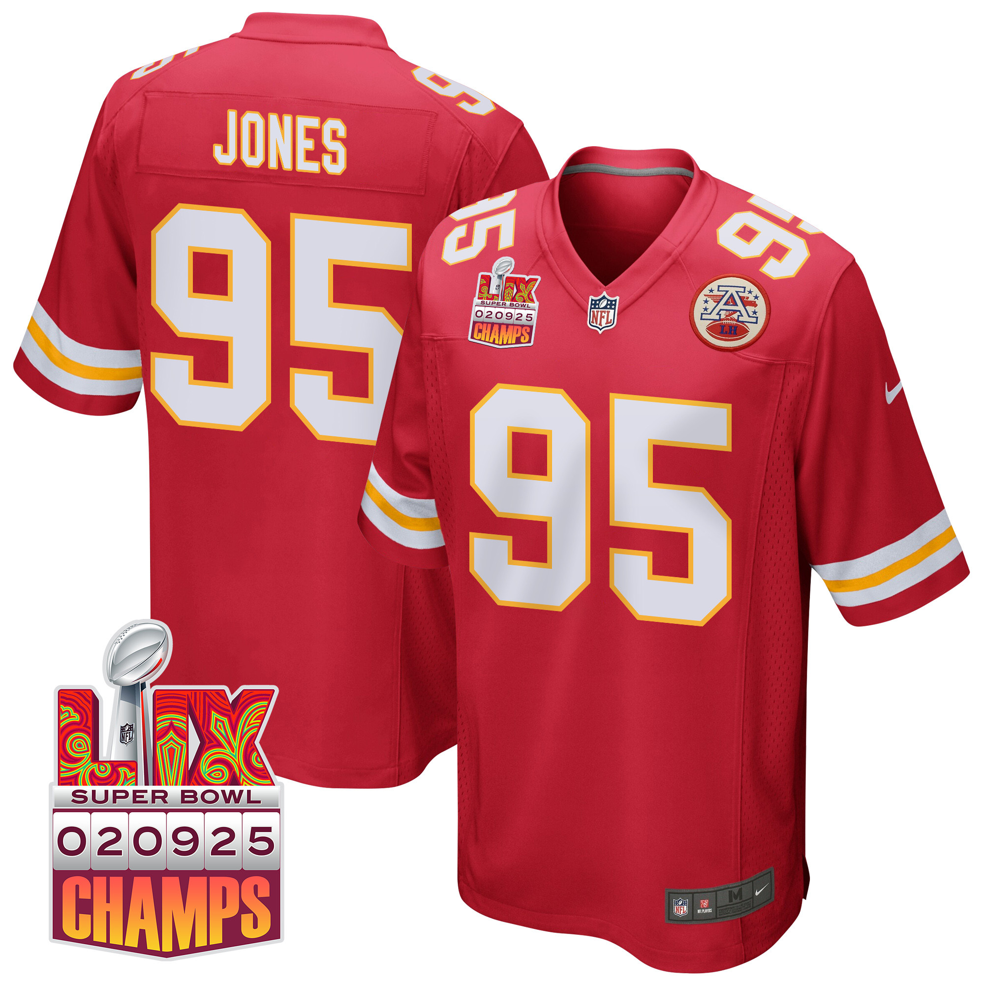 Chris Jones 95 Kansas City Chiefs Super Bowl LIX Champions Patch Game Men Jersey - Red JS8182 nicesnker