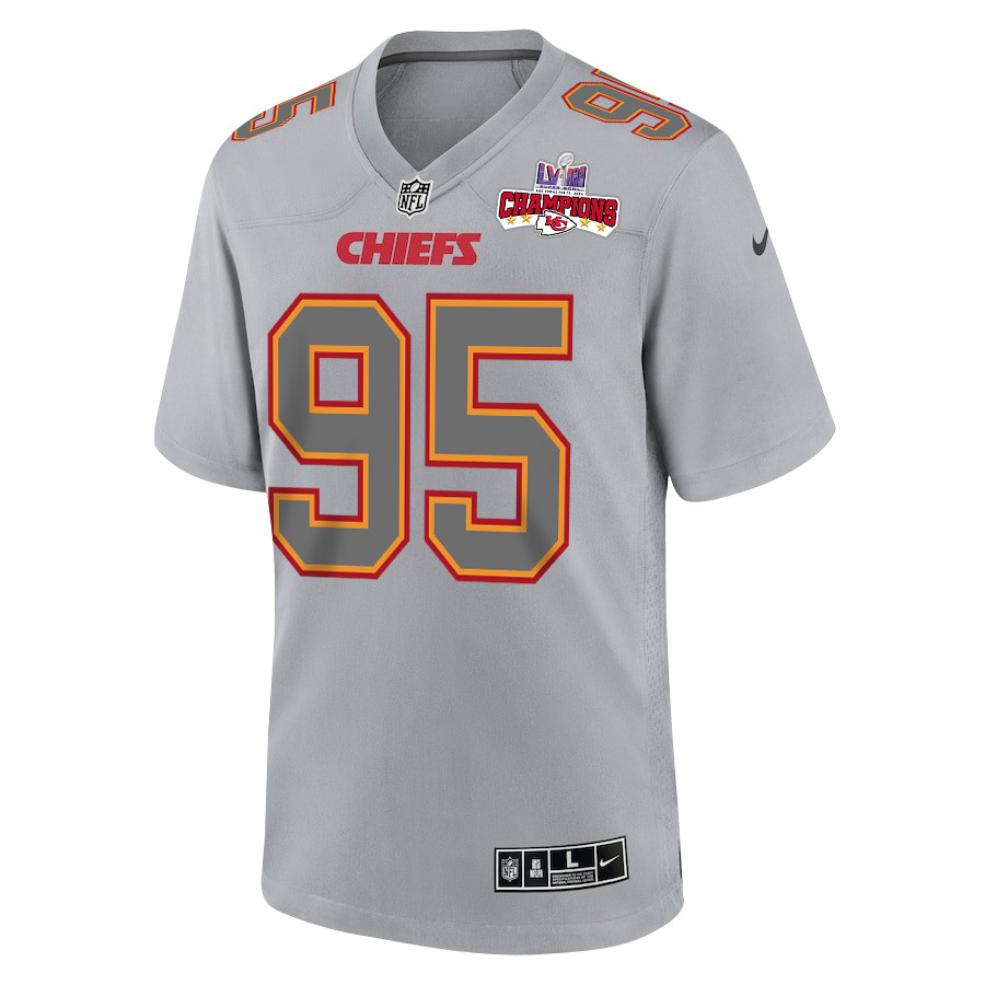 Alternative view of Chris Jones 95 Kansas City Chiefs Super Bowl LVIII Champions 4 Stars Patch Atmosphere Fashion Game Men Jersey - Gray JS9545 nicesnker