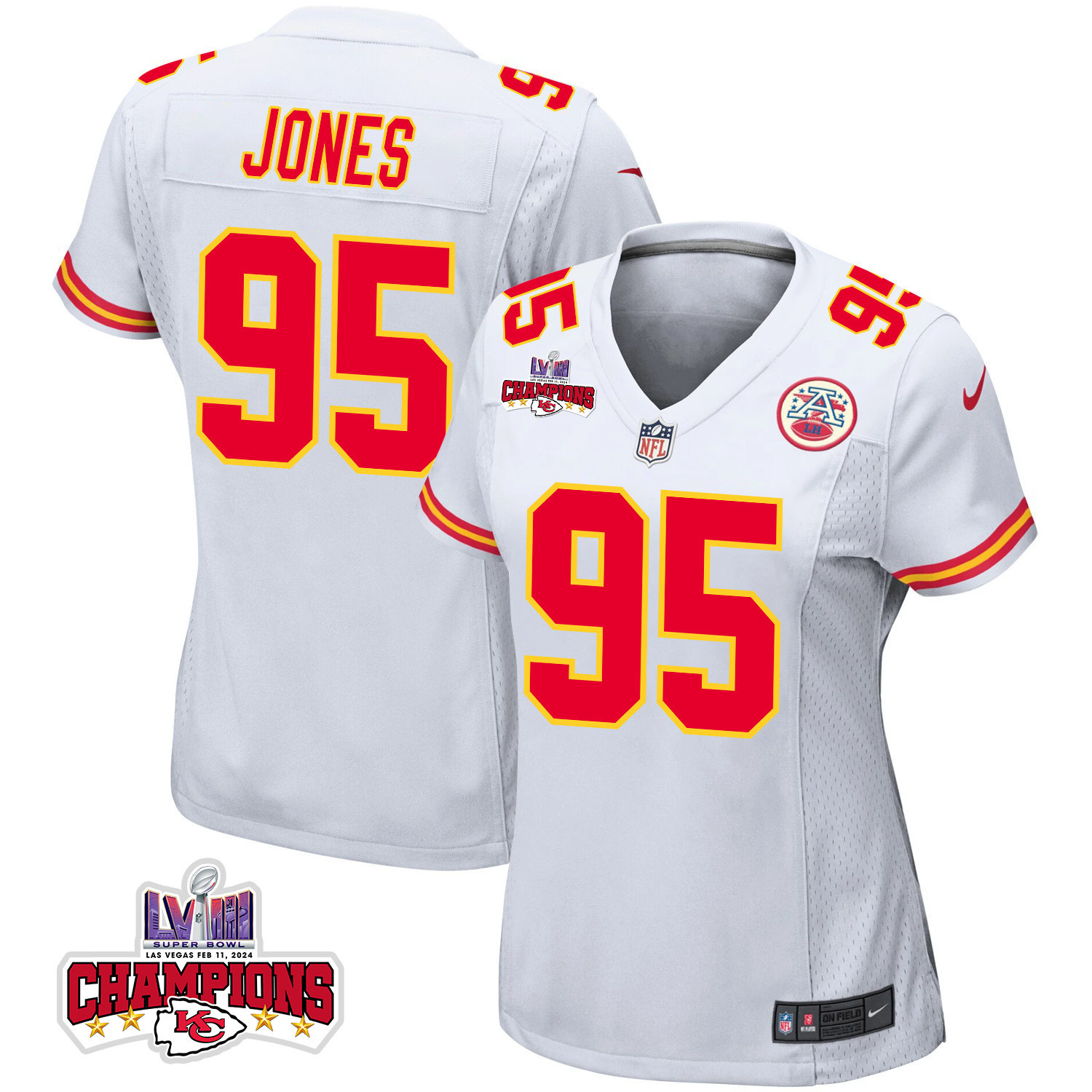 Chris Jones 95 Kansas City Chiefs Super Bowl LVIII Champions 4 Stars Patch Game Women Jersey - White JS1915 nicesnker
