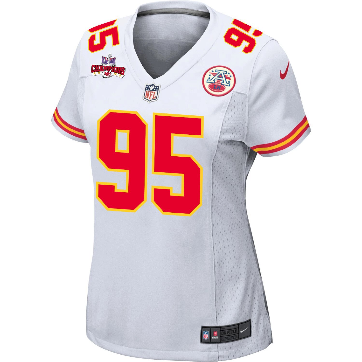 Alternative view of Chris Jones 95 Kansas City Chiefs Super Bowl LVIII Champions 4 Stars Patch Game Women Jersey - White JS1915 nicesnker