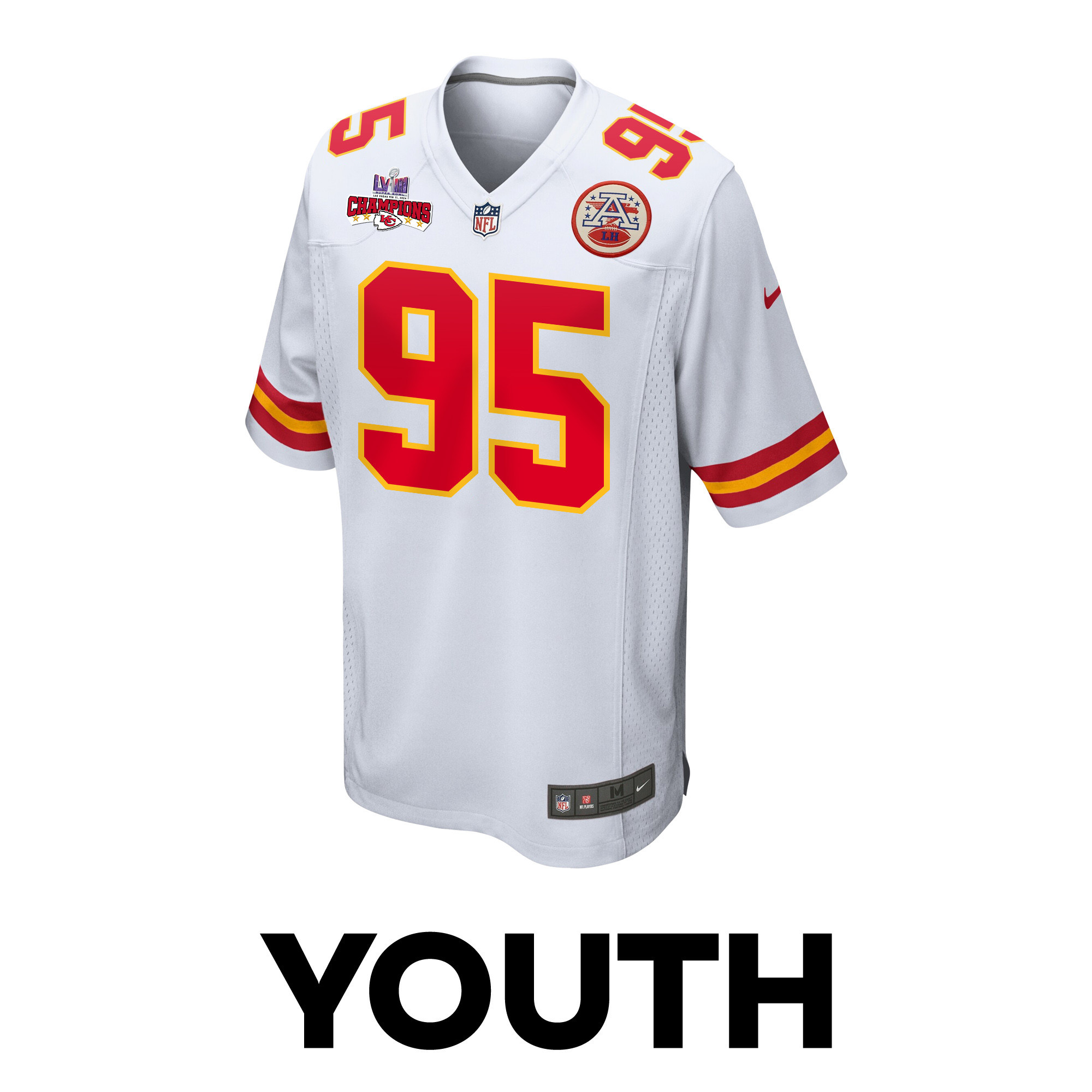 Alternative view of Chris Jones 95 Kansas City Chiefs Super Bowl LVIII Champions 4 Stars Patch Game YOUTH Jersey - White JS1717 nicesnker