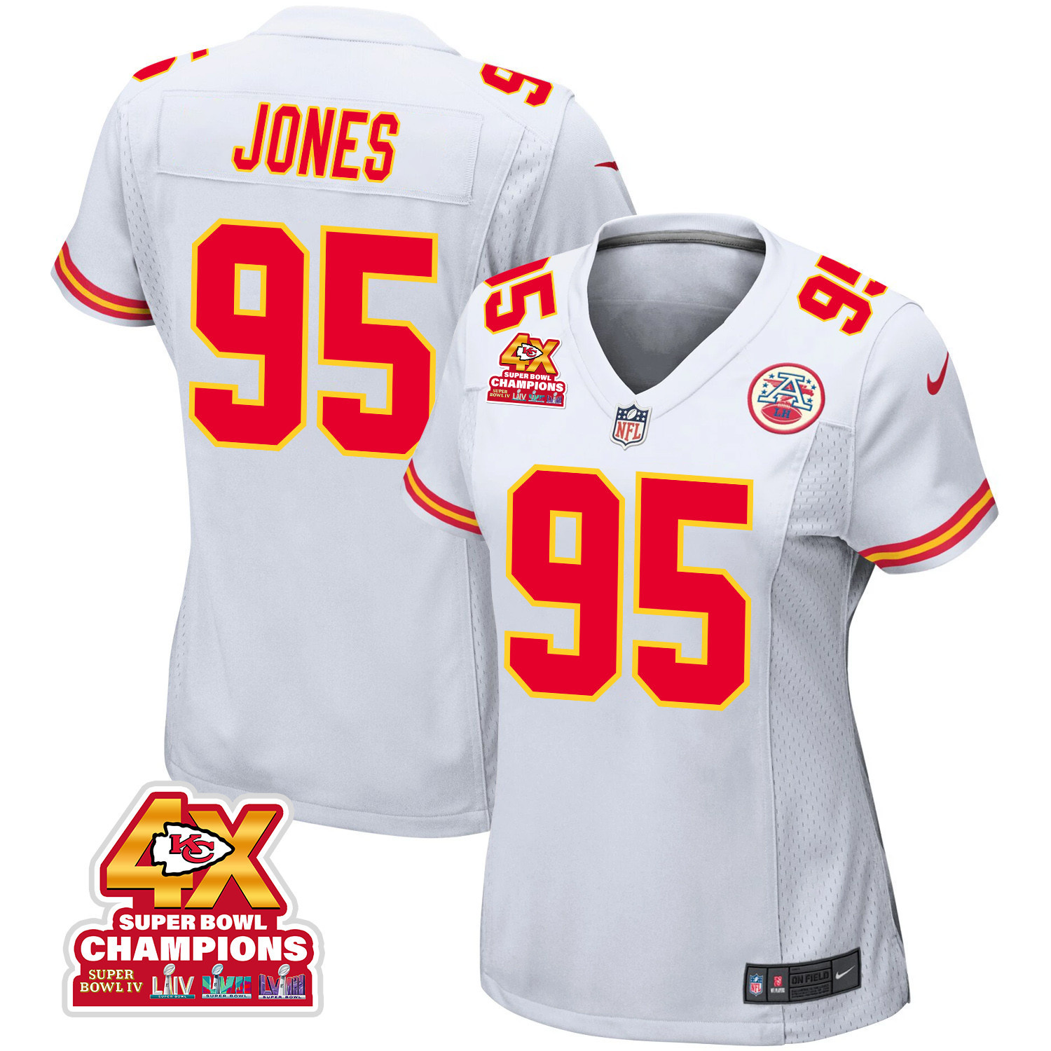 Chris Jones 95 Kansas City Chiefs Super Bowl LVIII Champions 4X Game Women Jersey - White JS2052 nicesnker