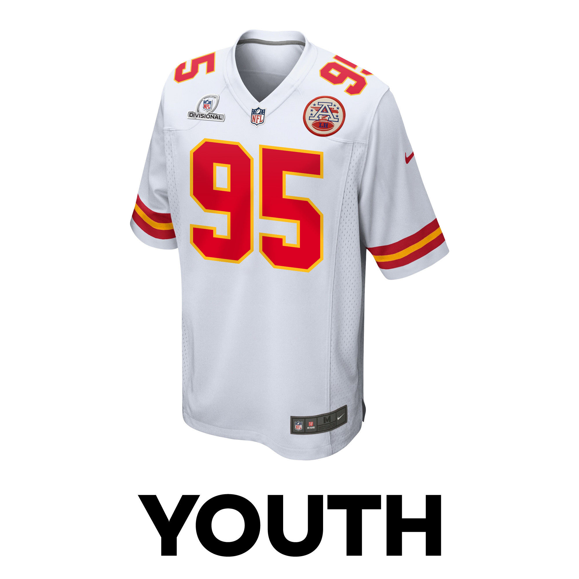 Alternative view of Chris Jones 95 Kansas City Chiefs Super Bowl LVIII Patch Game YOUTH Jersey - White JS6455 nicesnker