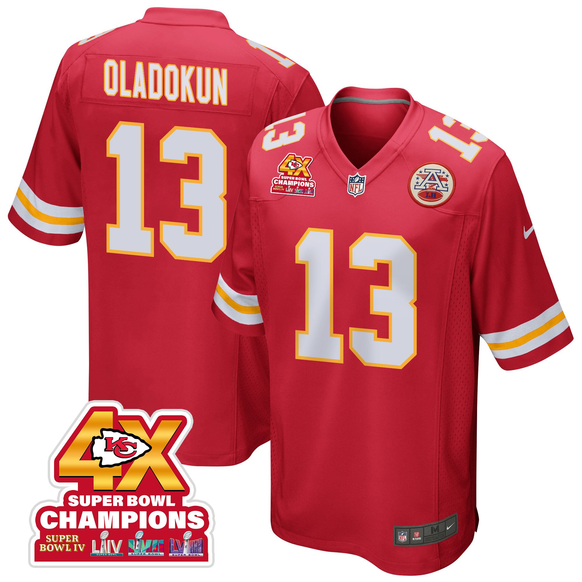 Chris Oladokun 13 Kansas City Chiefs Super Bowl LVIII Champions 4X Game Men Jersey - Red JS2782 nicesnker