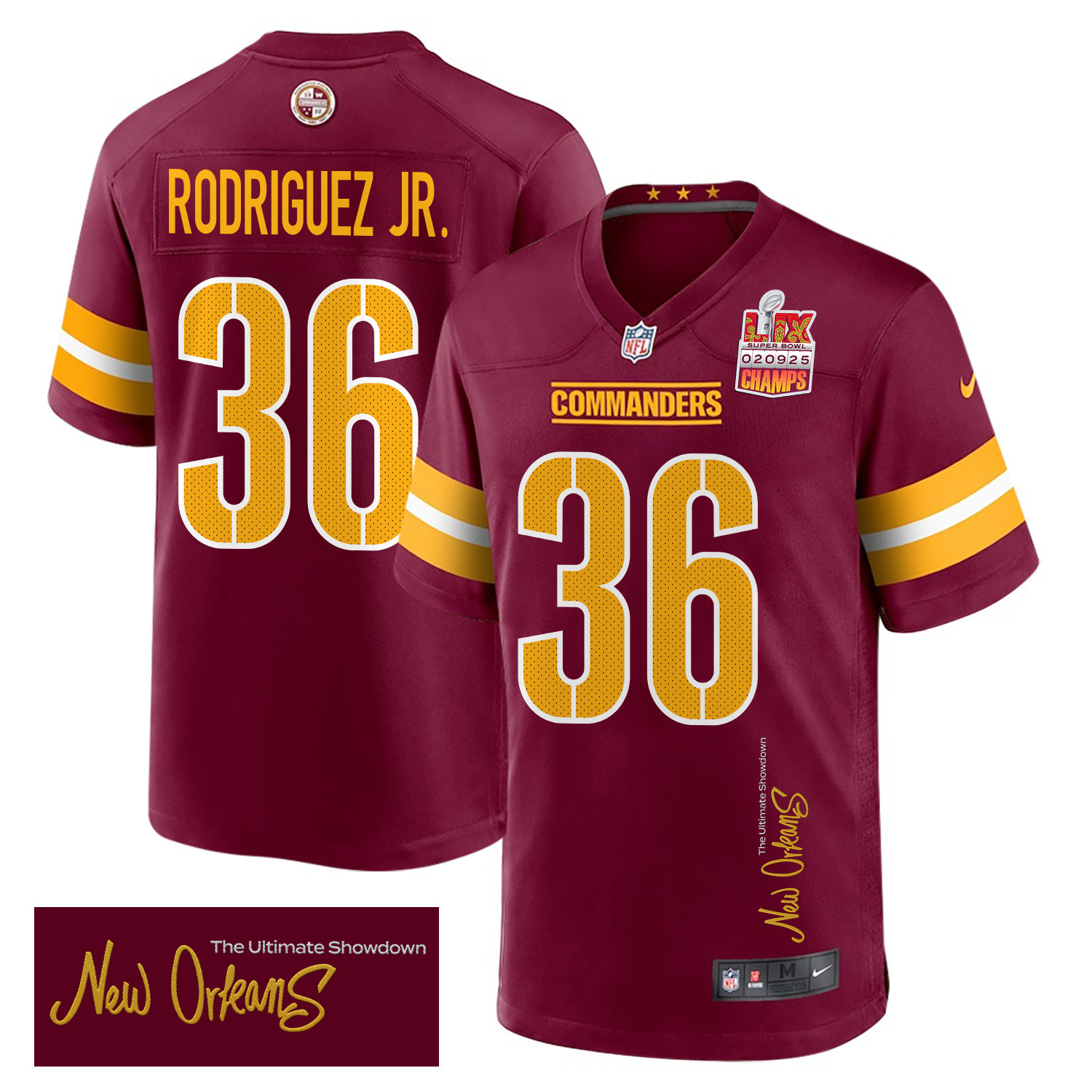 Chris Rodriguez Jr. 36 Washington Commanders Super Bowl LIX Champions Patch 'New Orleans - The Ultimate Showdown' EMBROIDERED Game Men Jersey - Burgundy JS9749 nicesnker