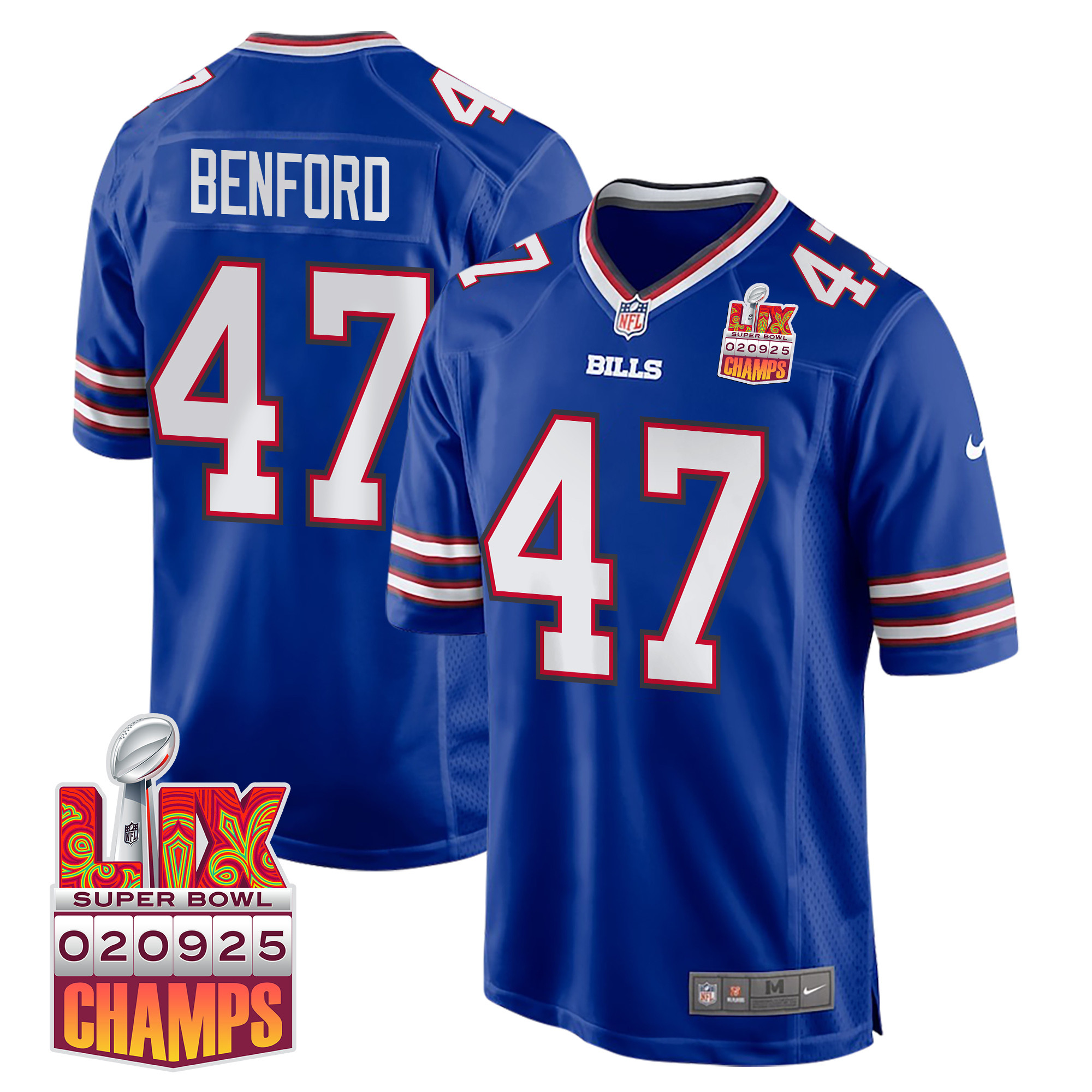 Christian Benford 47 Buffalo Bills Super Bowl LIX Champions Patch Game Men Jersey - Royal JS7429 nicesnker