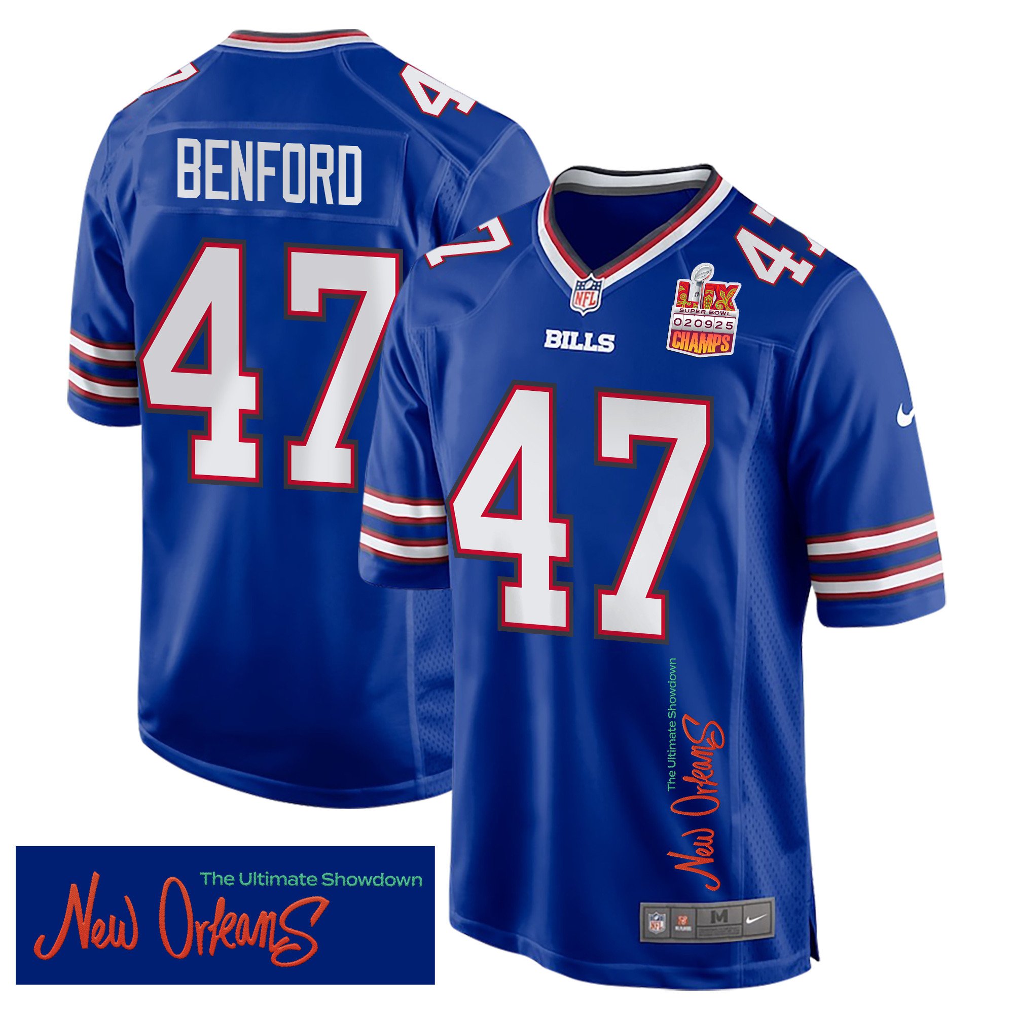 Christian Benford 47 Buffalo Bills Super Bowl LIX Champions Patch 'New Orleans - The Ultimate Showdown' EMBROIDERED Game Men Jersey - Royal JS8219 nicesnker