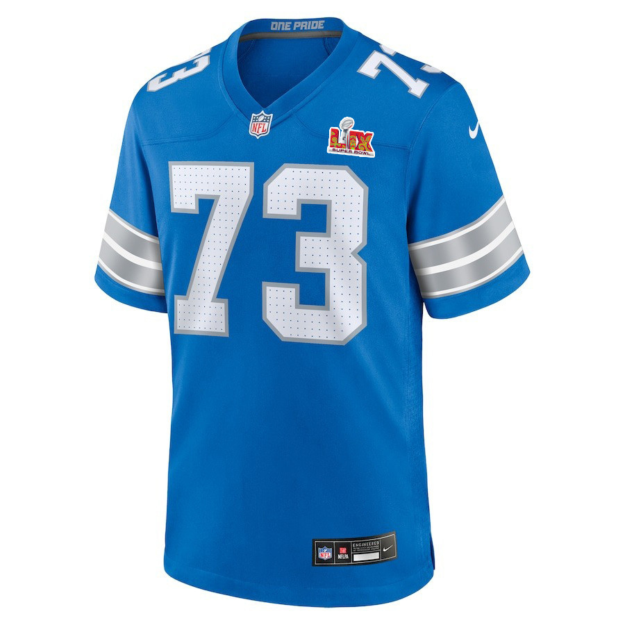 Alternative view of Christian Mahogany #73 Detroit Lions Super Bowl LIX Jersey - Men's - Blue JS6983 nicesnker