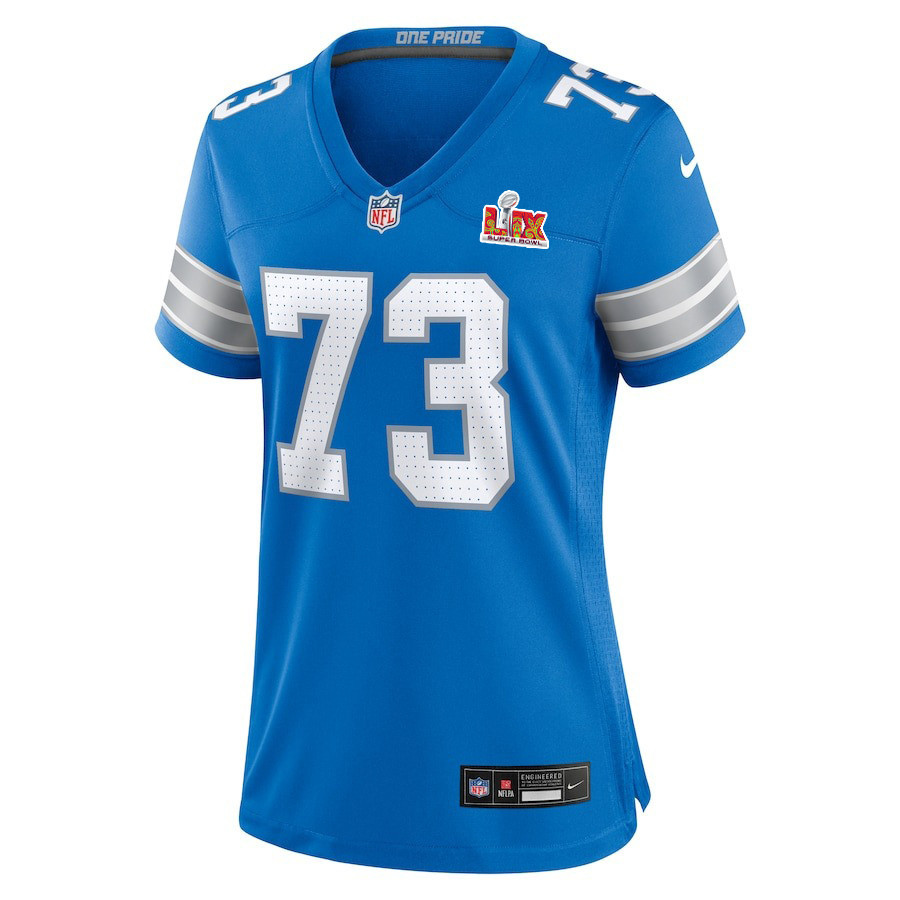 Alternative view of Christian Mahogany #73 Detroit Lions Super Bowl LIX Women's Jersey - Blue JS1339 nicesnker