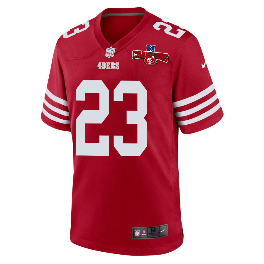 Alternative view of Christian McCaffrey 23 San Francisco 49ers NFC Champions Patch Game Men Jersey - Scarlet JS4415 nicesnker