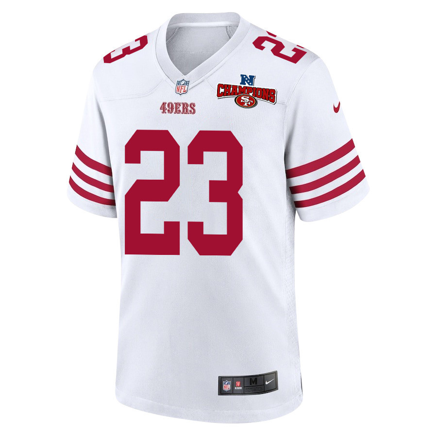 Alternative view of Christian McCaffrey 23 San Francisco 49ers NFC Champions Patch Game Men Jersey - White JS7750 nicesnker