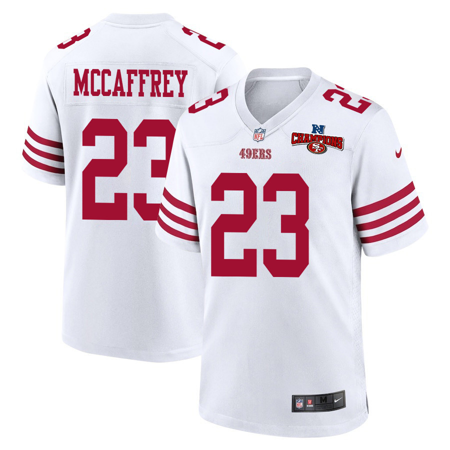 Christian McCaffrey 23 San Francisco 49ers NFC Champions Patch Game Men Jersey - White JS7750 nicesnker
