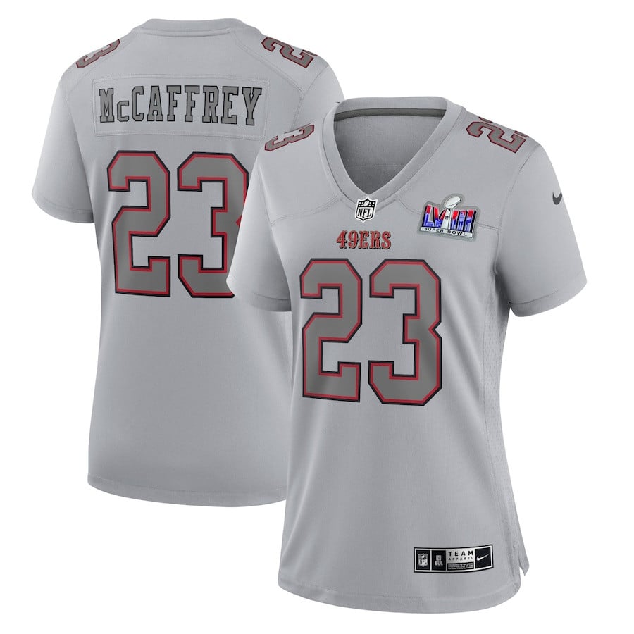 Christian McCaffrey 23 San Francisco 49ers Super Bowl LVIII Atmosphere Fashion Game Women Jersey - Gray JS4360 nicesnker