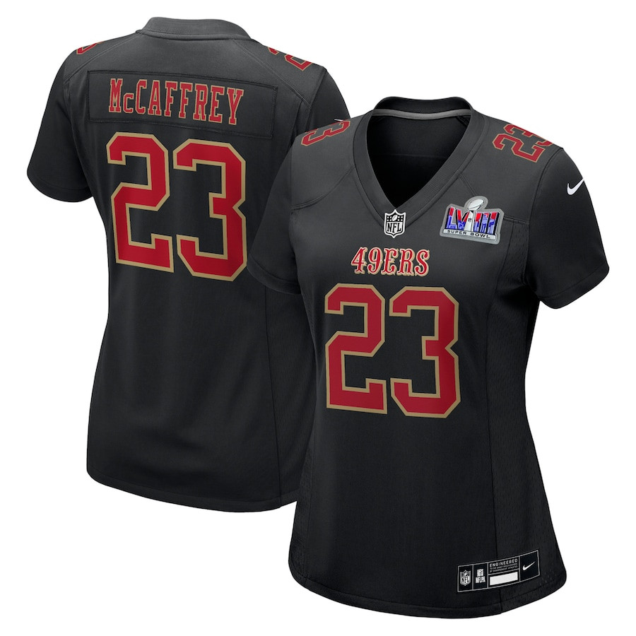 Christian McCaffrey 23 San Francisco 49ers Super Bowl LVIII Fashion Game Women Jersey - Carbon Black JS6497 nicesnker