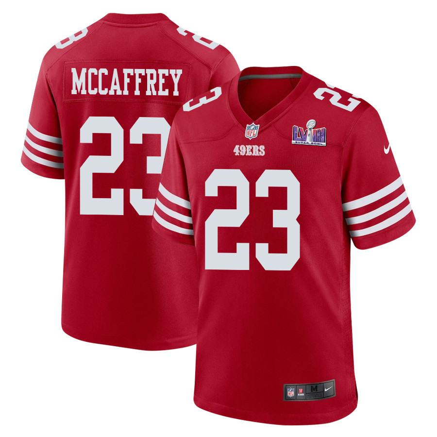 Christian McCaffrey 23 San Francisco 49ers Super Bowl LVIII Patch Game Men Jersey - Scarlet JS2374 nicesnker