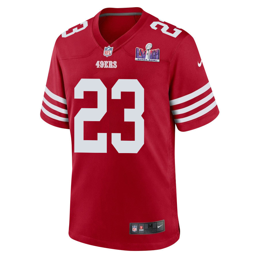 Alternative view of Christian McCaffrey 23 San Francisco 49ers Super Bowl LVIII Patch Game Men Jersey - Scarlet JS2374 nicesnker