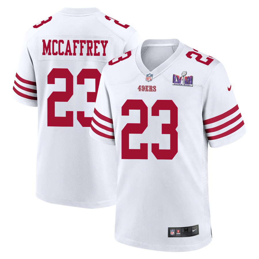 Christian McCaffrey 23 San Francisco 49ers Super Bowl LVIII Patch Game Men Jersey - White JS3749 nicesnker