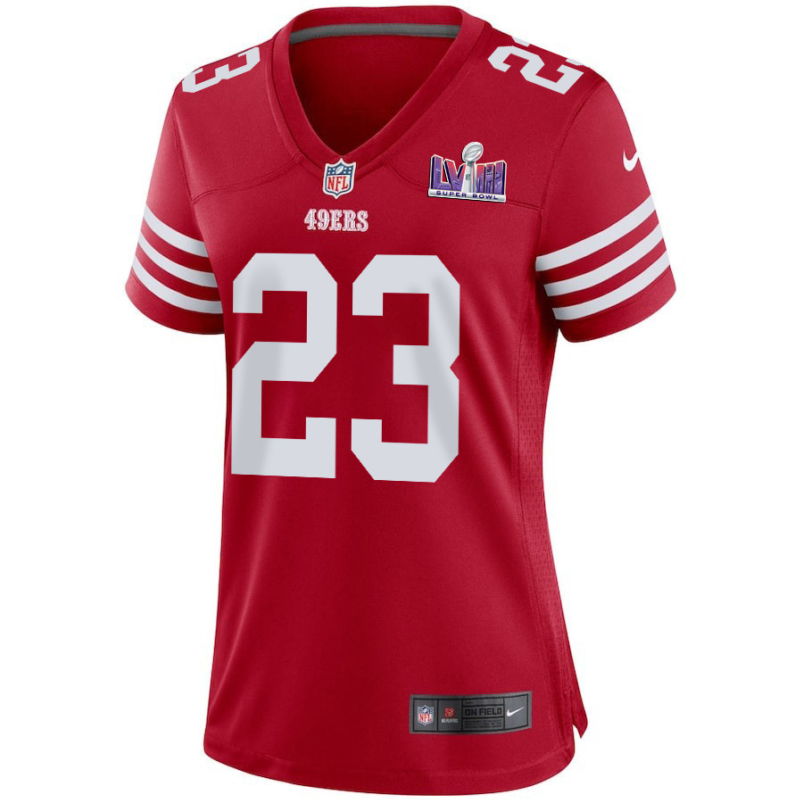 Alternative view of Christian McCaffrey 23 San Francisco 49ers Super Bowl LVIII Patch Game Women Jersey - Scarlet JS1417 nicesnker