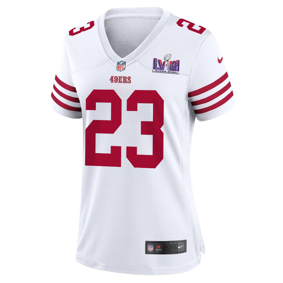 Alternative view of Christian McCaffrey 23 San Francisco 49ers Super Bowl LVIII Patch Game Women Jersey - White JS9551 nicesnker